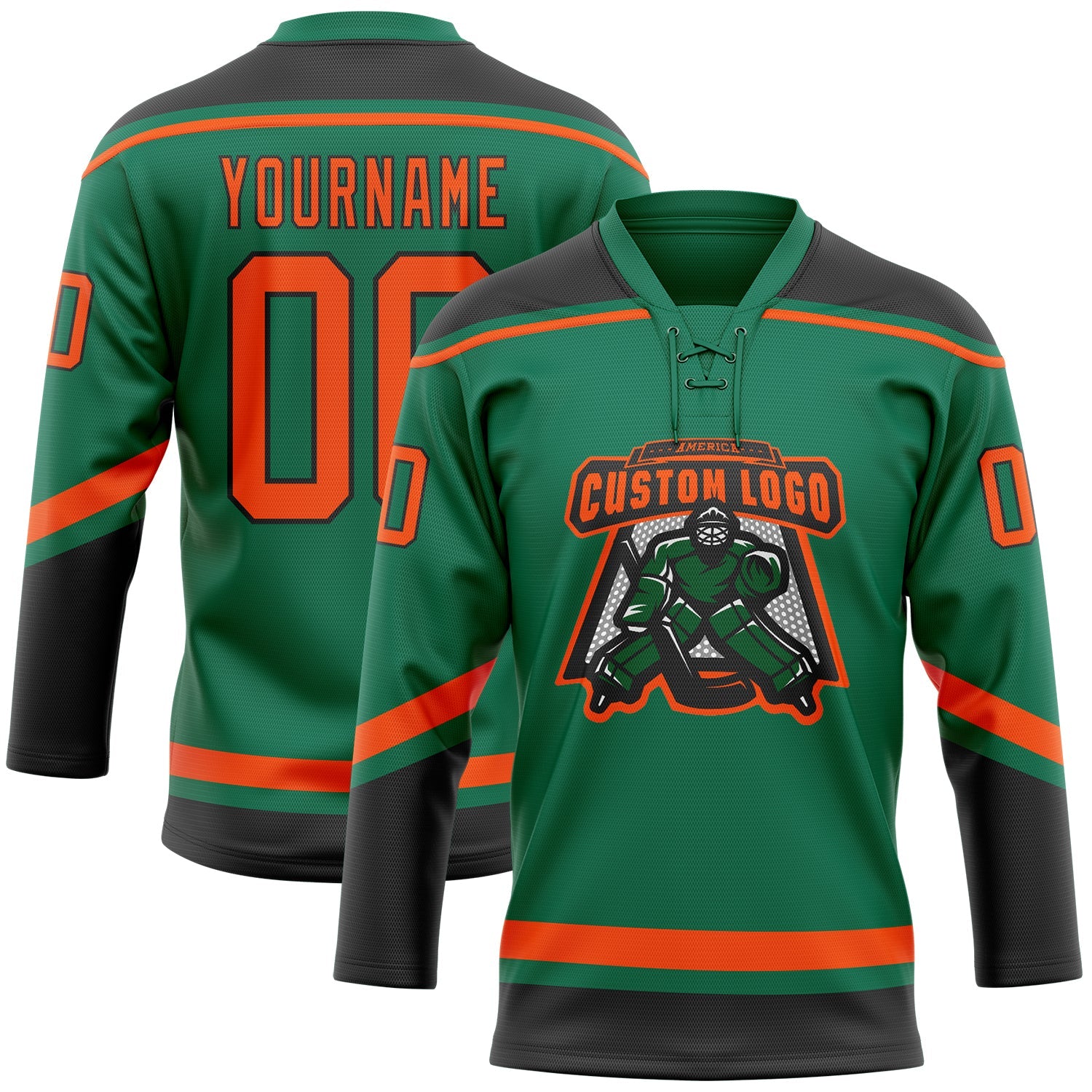 Custom Kelly Green Orange-Black Hockey Lace Neck Jersey view 2