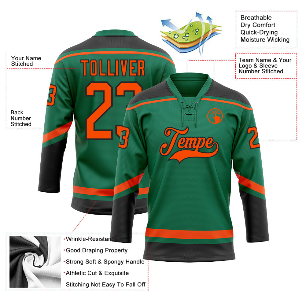 Custom Kelly Green Orange-Black Hockey Lace Neck Jersey view 3