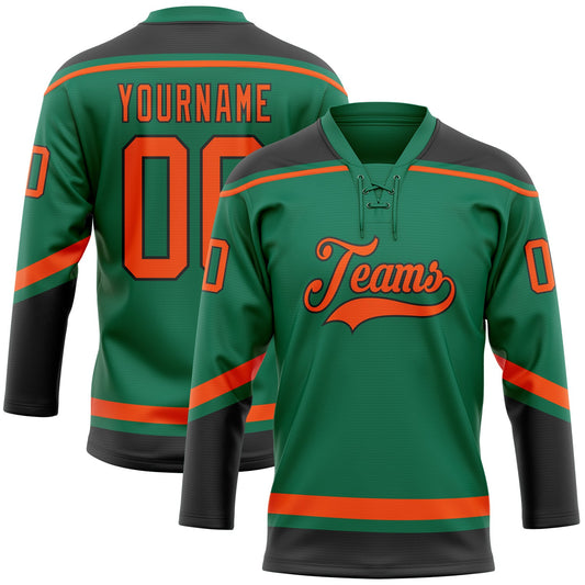 Custom Kelly Green Orange-Black Hockey Lace Neck Jersey - Main View