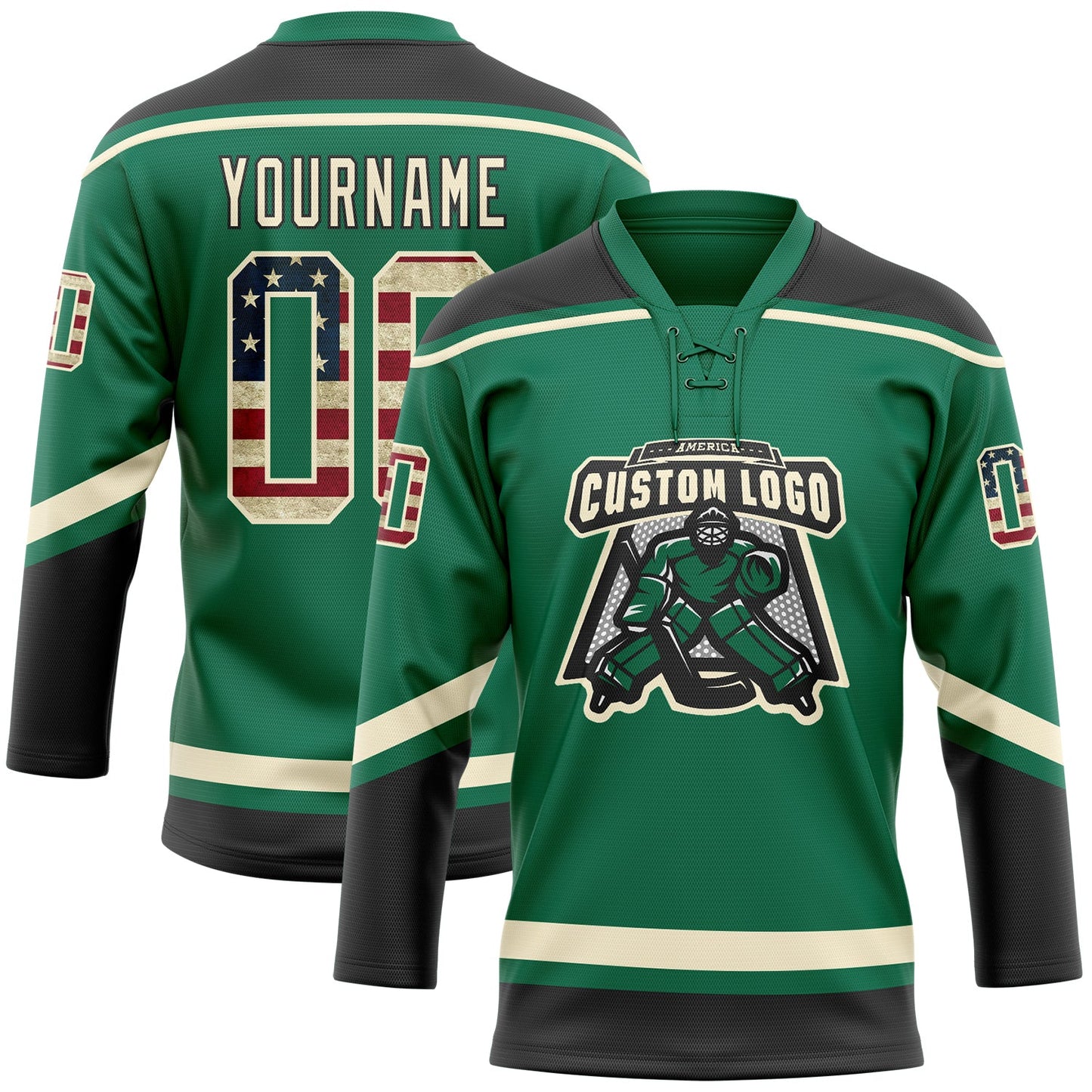 Custom Kelly Green Vintage USA Flag Cream-Black Hockey Lace Neck Jersey view 2
