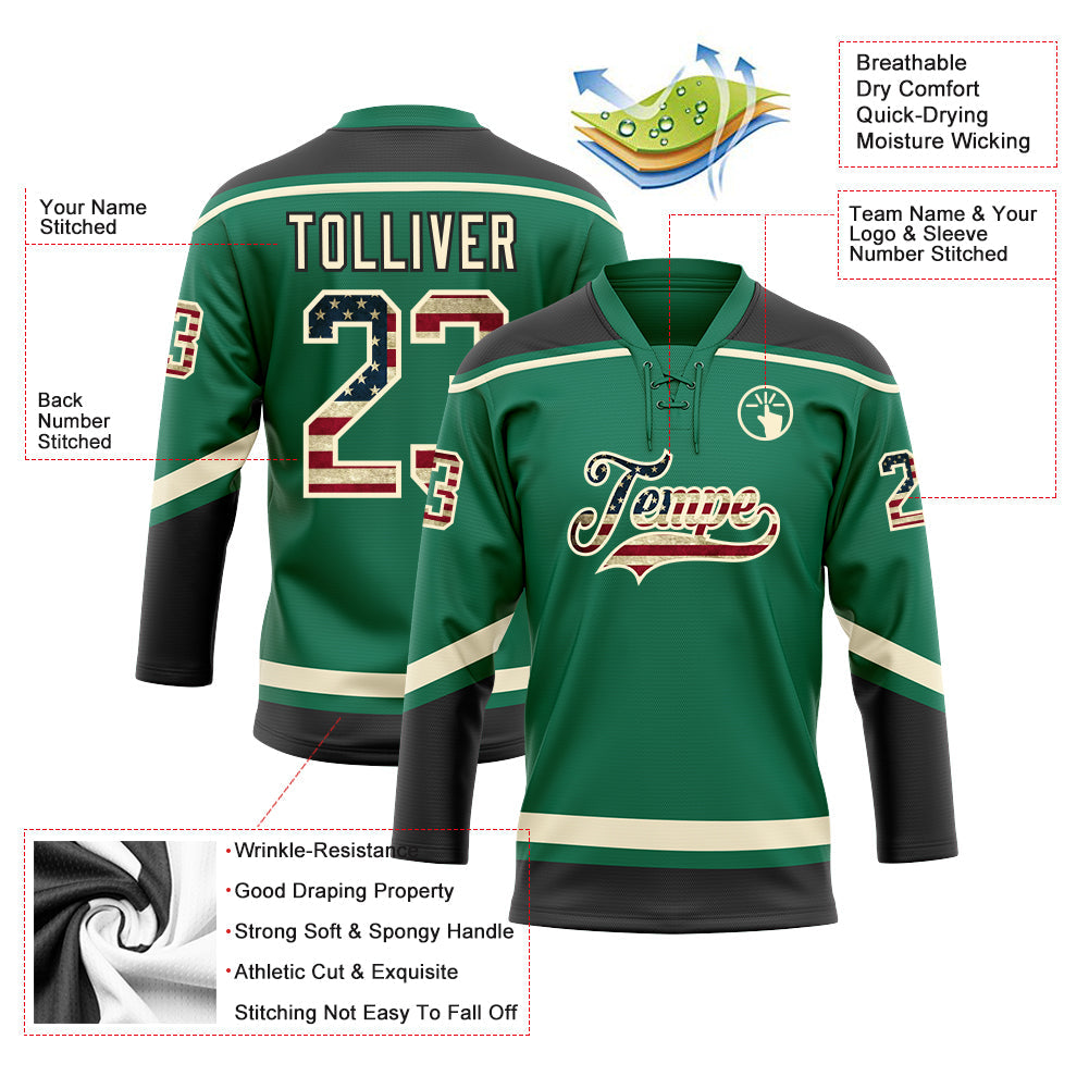 Custom Kelly Green Vintage USA Flag Cream-Black Hockey Lace Neck Jersey view 3