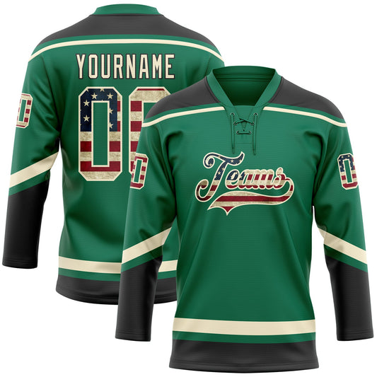 Custom Kelly Green Vintage USA Flag Cream-Black Hockey Lace Neck Jersey - Main View