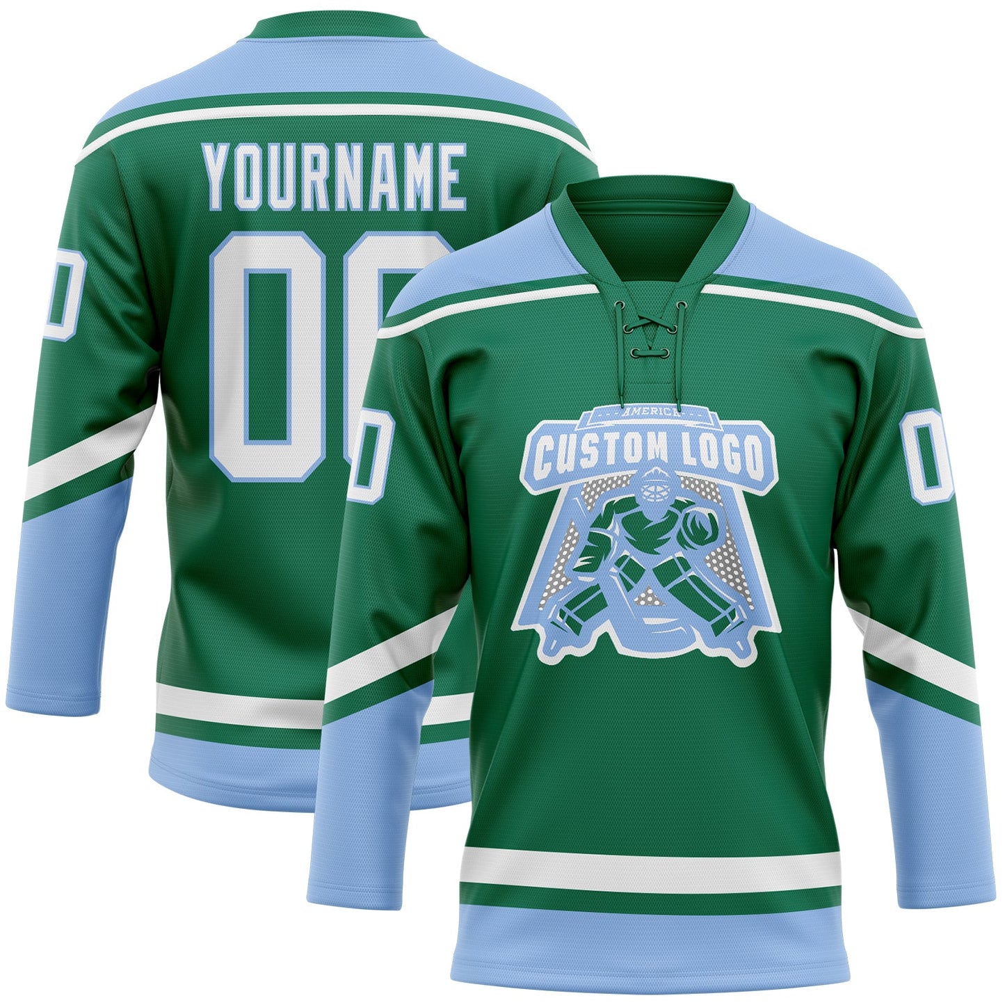 Custom Kelly Green White-Light Blue Hockey Lace Neck Jersey view 2
