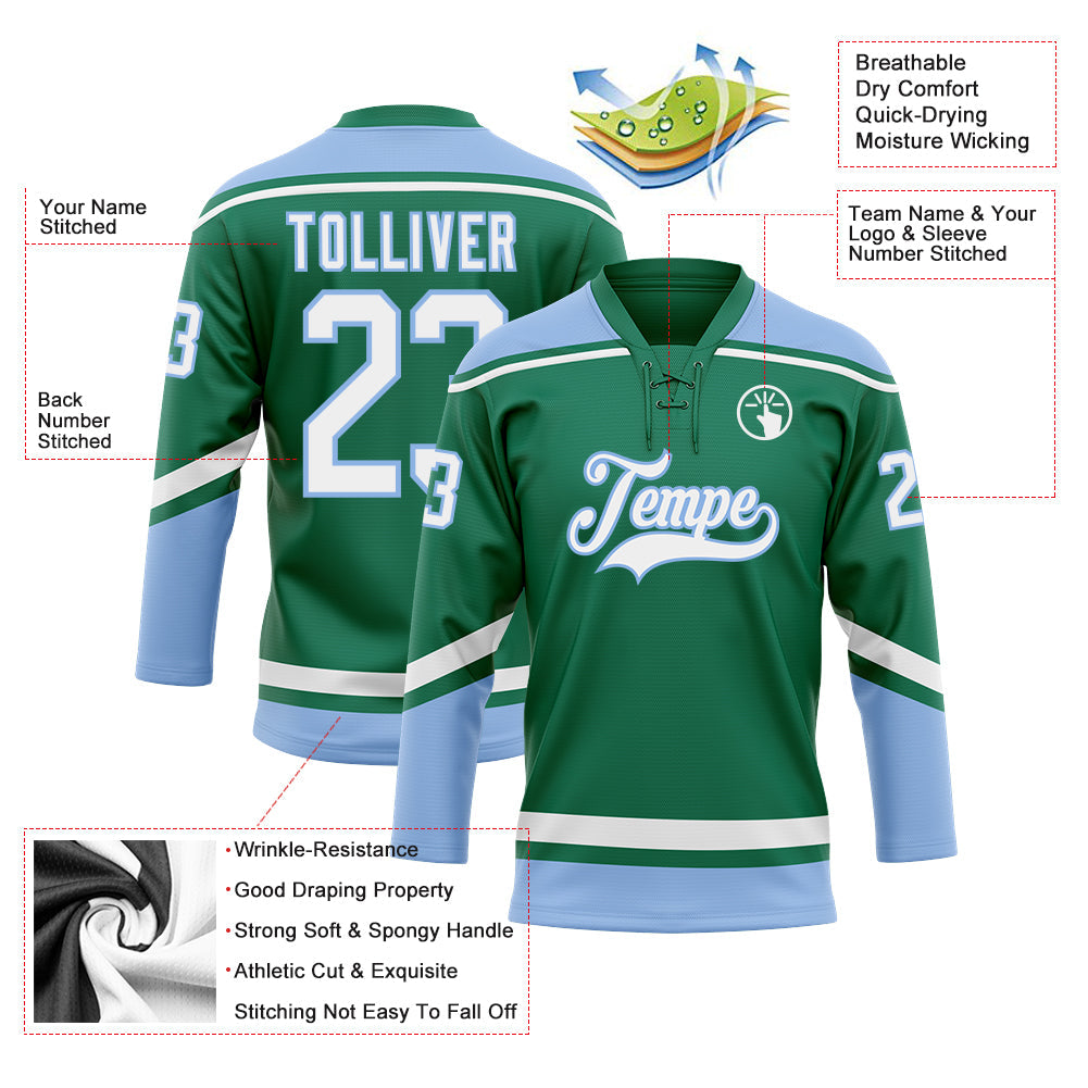 Custom Kelly Green White-Light Blue Hockey Lace Neck Jersey view 3