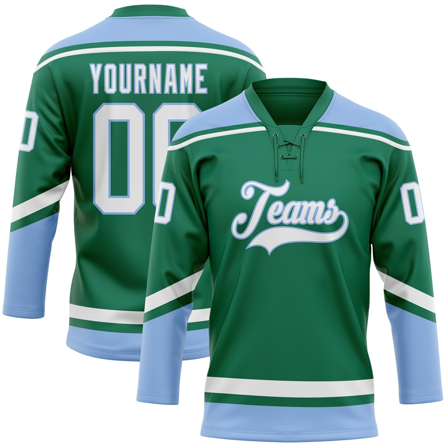 Custom Kelly Green White-Light Blue Hockey Lace Neck Jersey - Main View