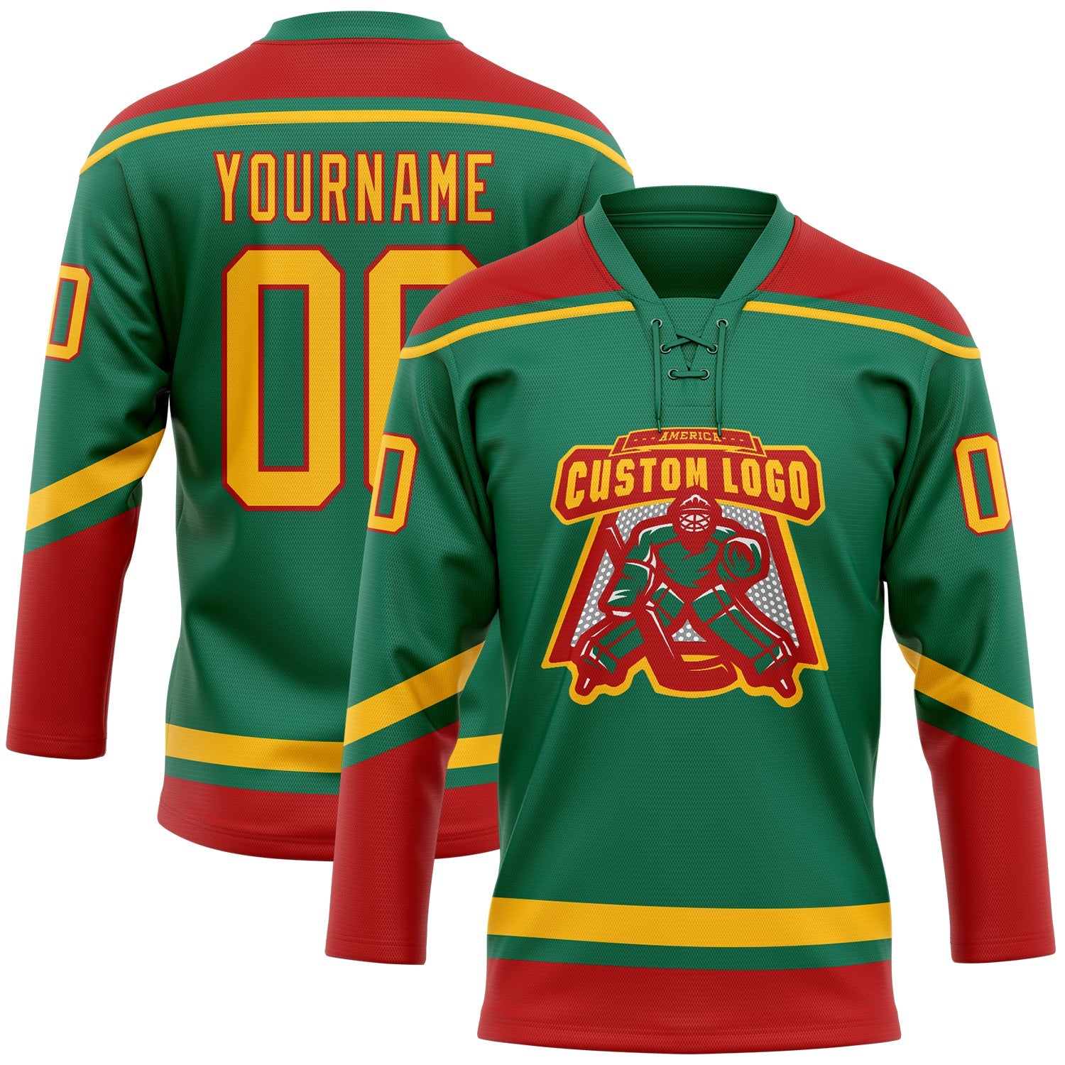 Custom Kelly Green Gold-Red Hockey Lace Neck Jersey view 2