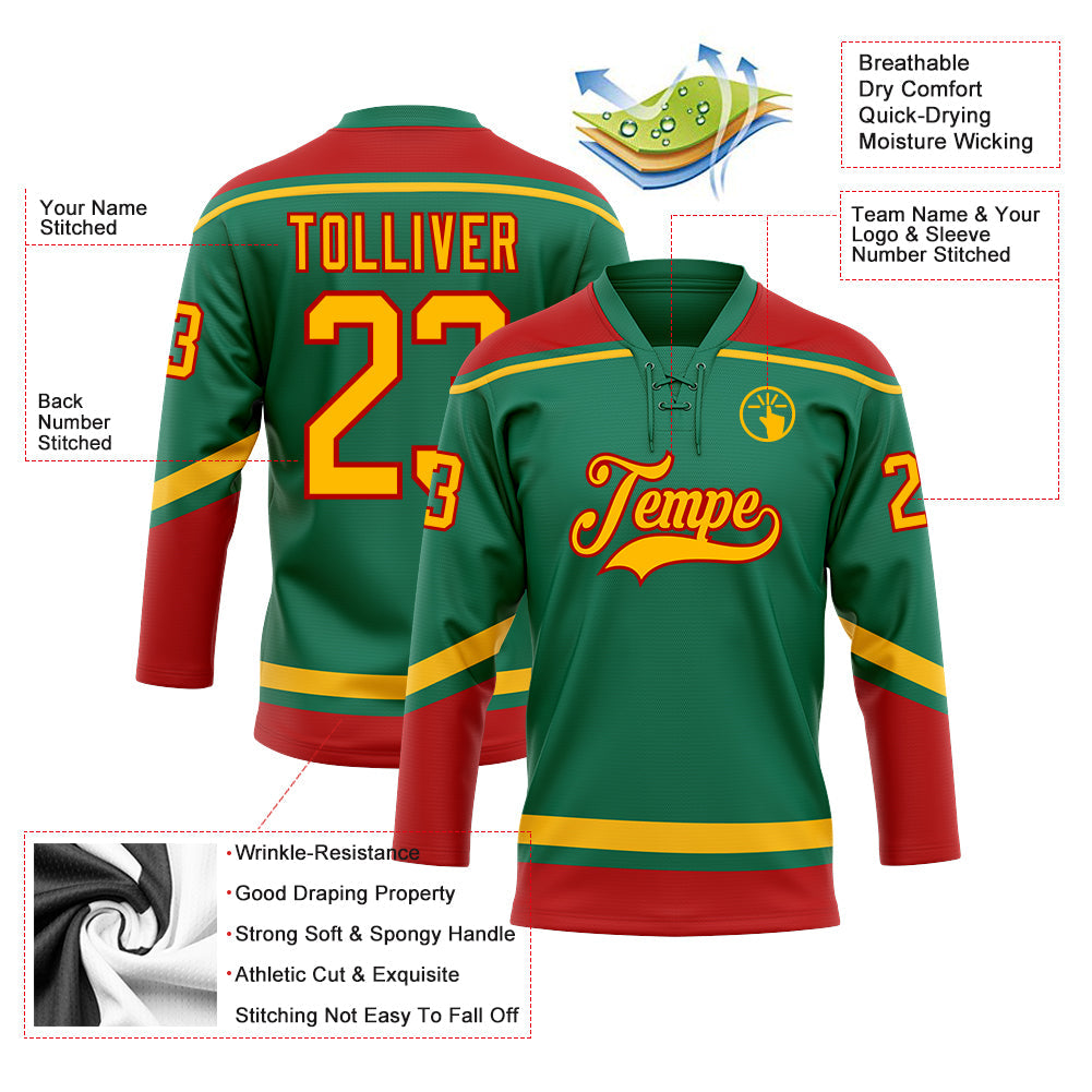 Custom Kelly Green Gold-Red Hockey Lace Neck Jersey view 3