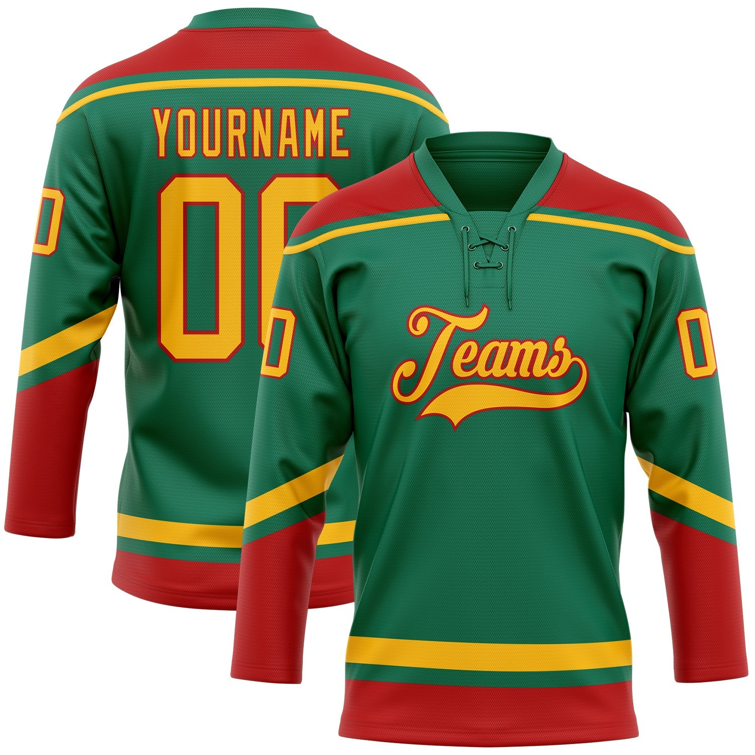 Custom Kelly Green Gold-Red Hockey Lace Neck Jersey - Main View