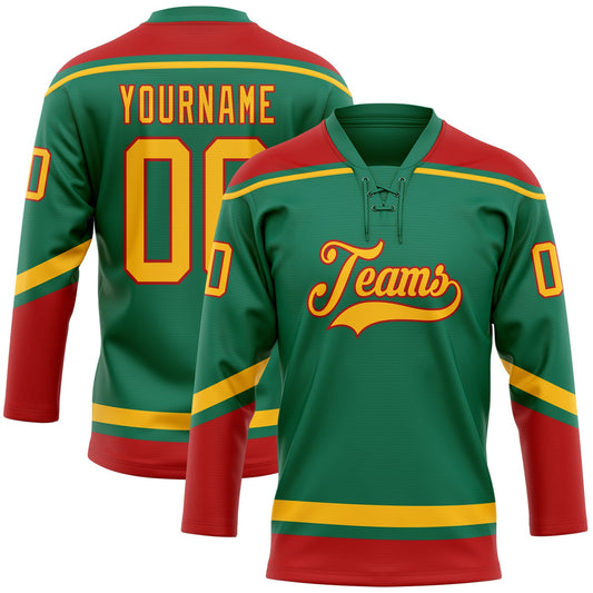 Custom Kelly Green Gold-Red Hockey Lace Neck Jersey - Main View