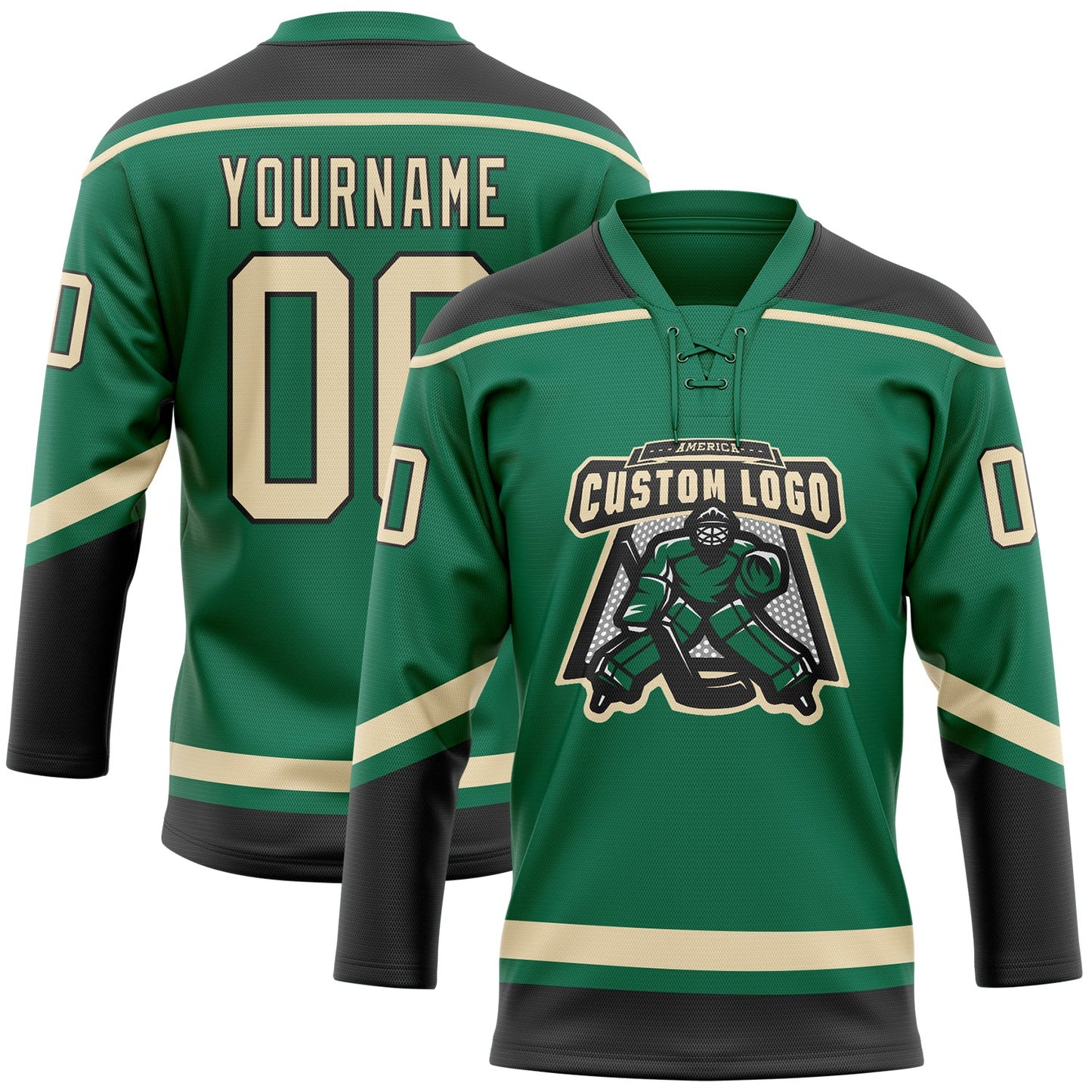 Custom Kelly Green City Cream-Black Hockey Lace Neck Jersey view 2