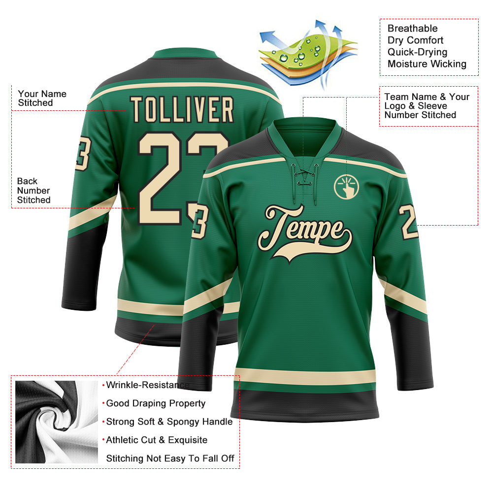 Custom Kelly Green City Cream-Black Hockey Lace Neck Jersey view 3