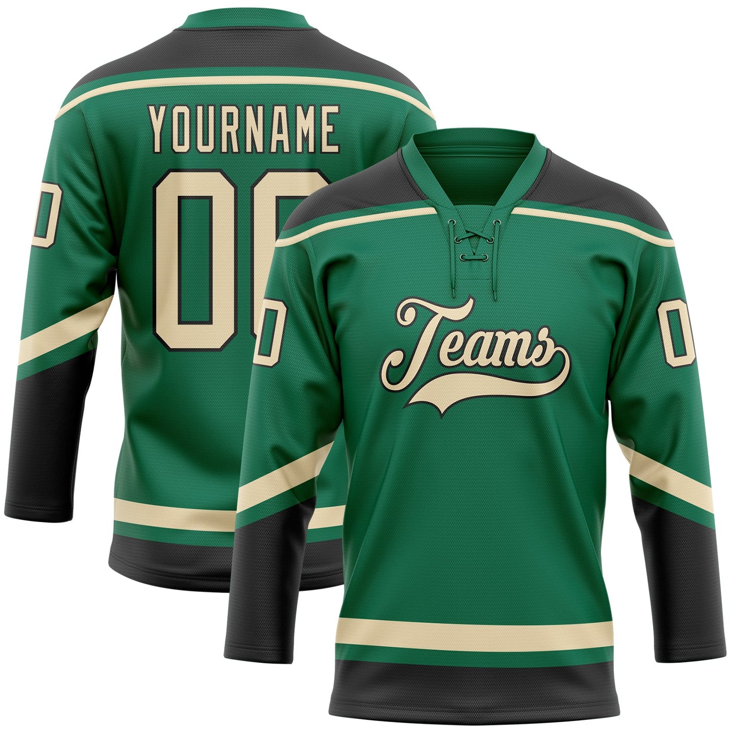 Custom Kelly Green City Cream-Black Hockey Lace Neck Jersey - Main View
