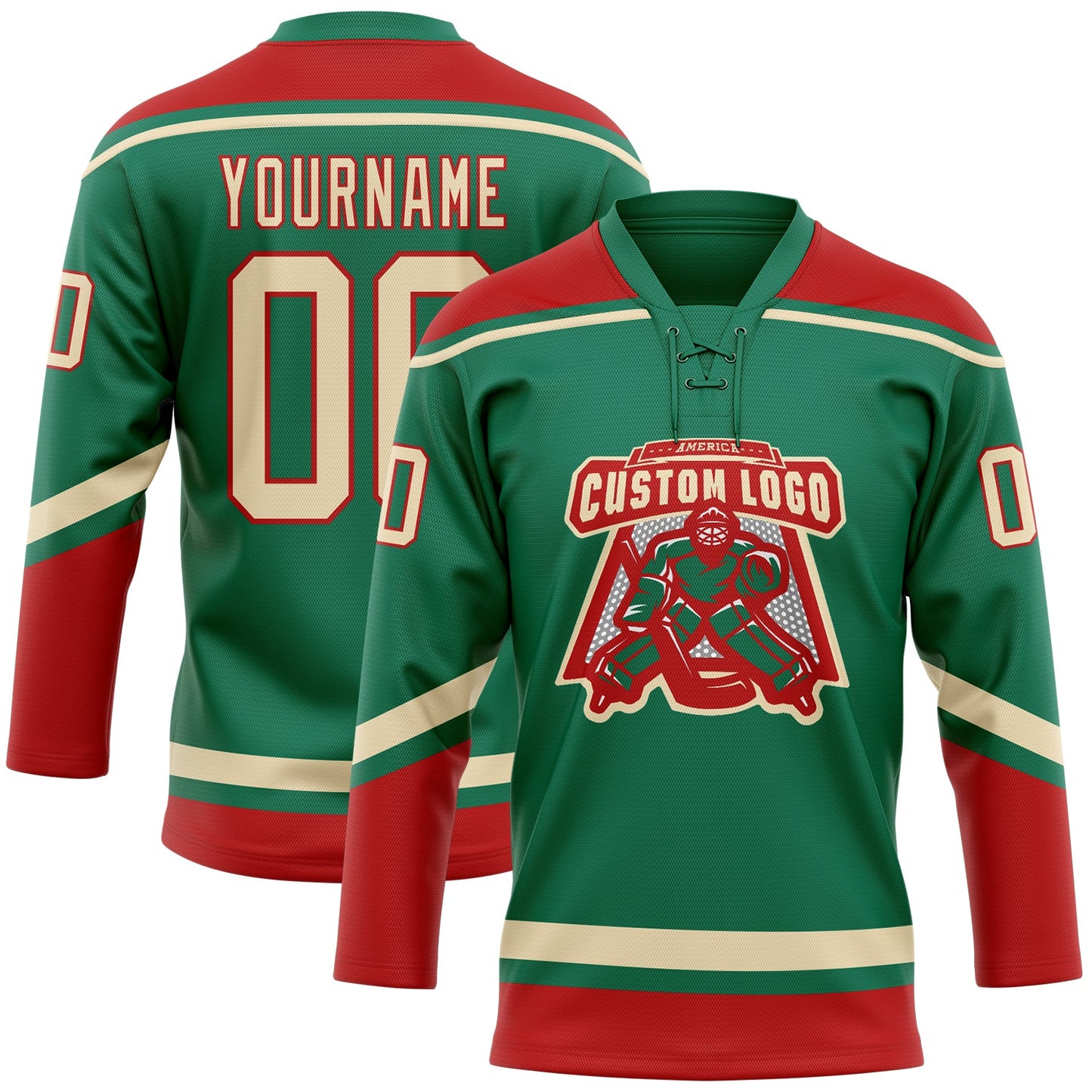 Custom Kelly Green City Cream-Red Hockey Lace Neck Jersey view 2