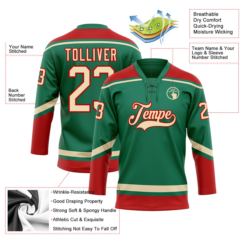 Custom Kelly Green City Cream-Red Hockey Lace Neck Jersey view 3