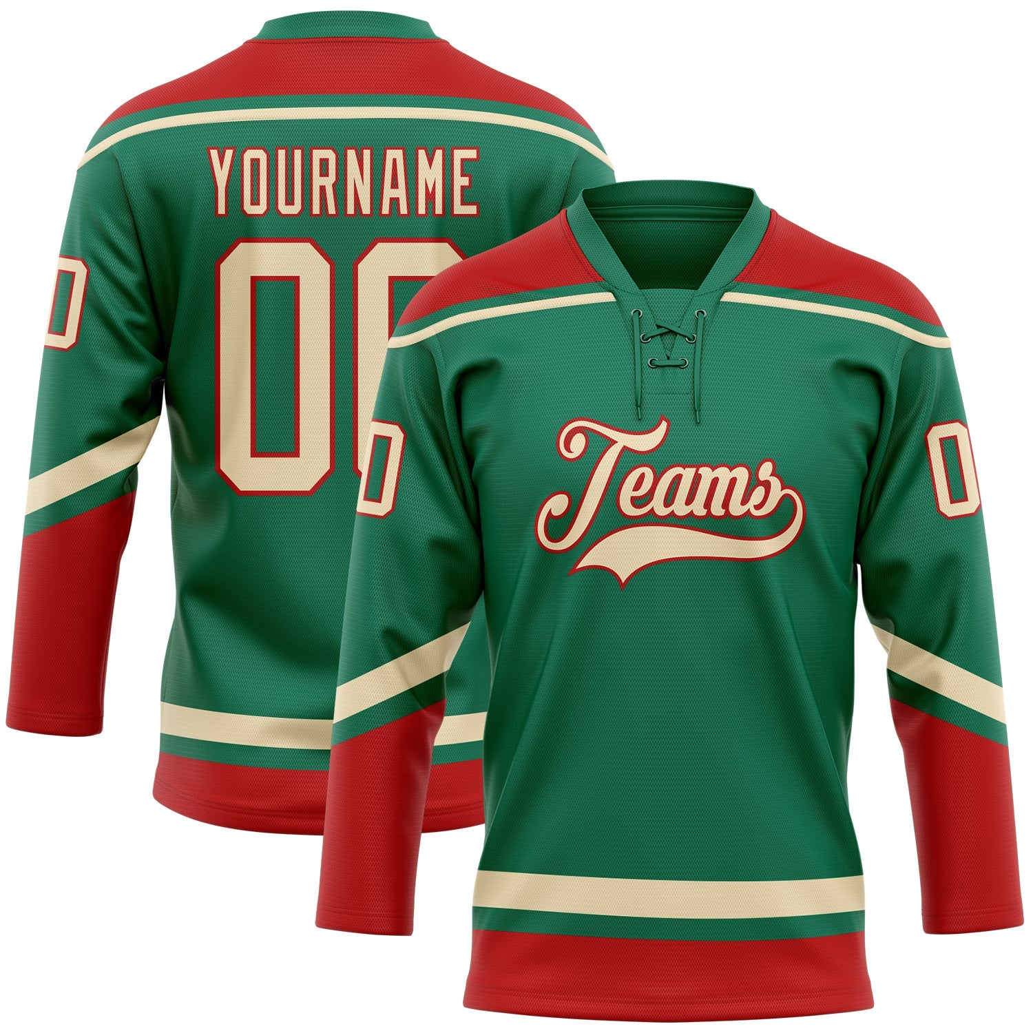 Custom Kelly Green City Cream-Red Hockey Lace Neck Jersey - Main View