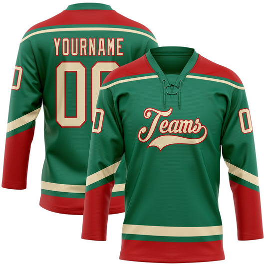Custom Kelly Green City Cream-Red Hockey Lace Neck Jersey - Main View