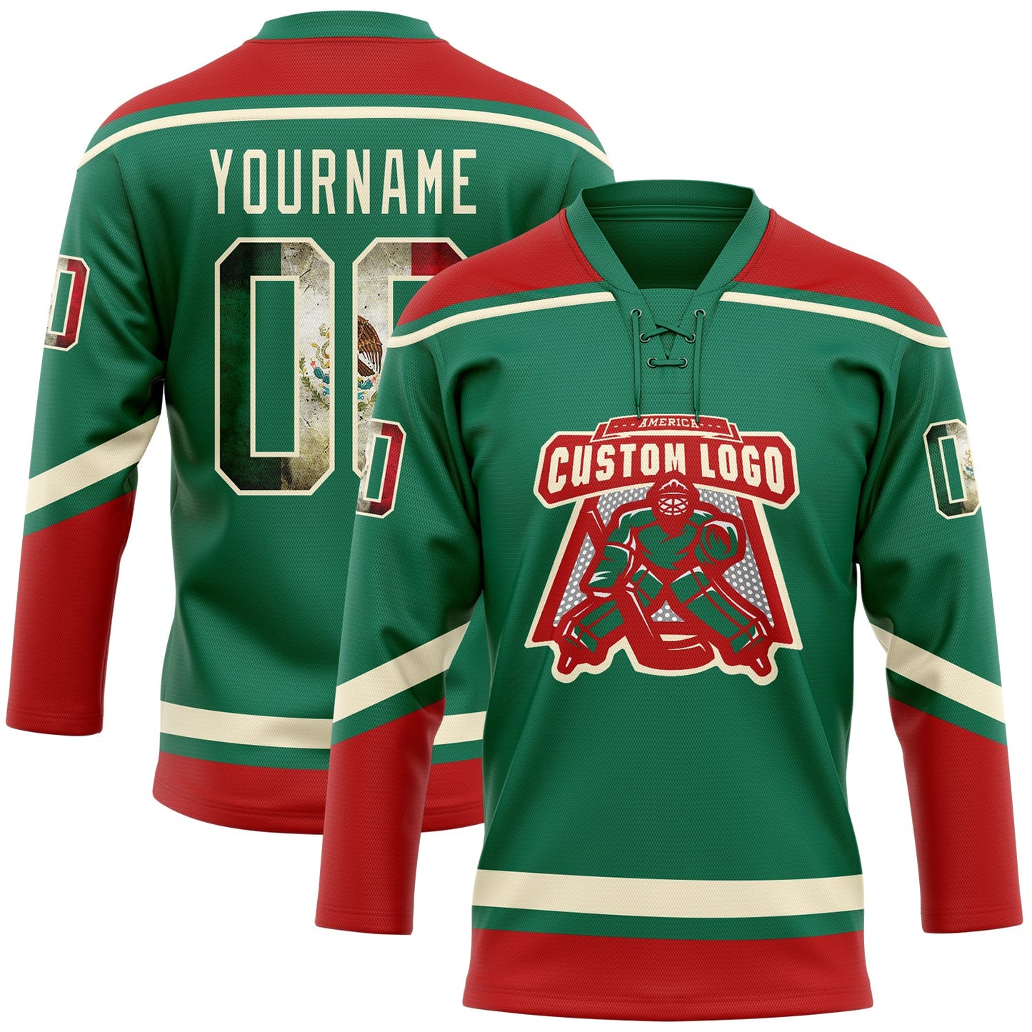 Custom Kelly Green Vintage Mexican Flag Cream-Red Hockey Lace Neck Jersey view 2