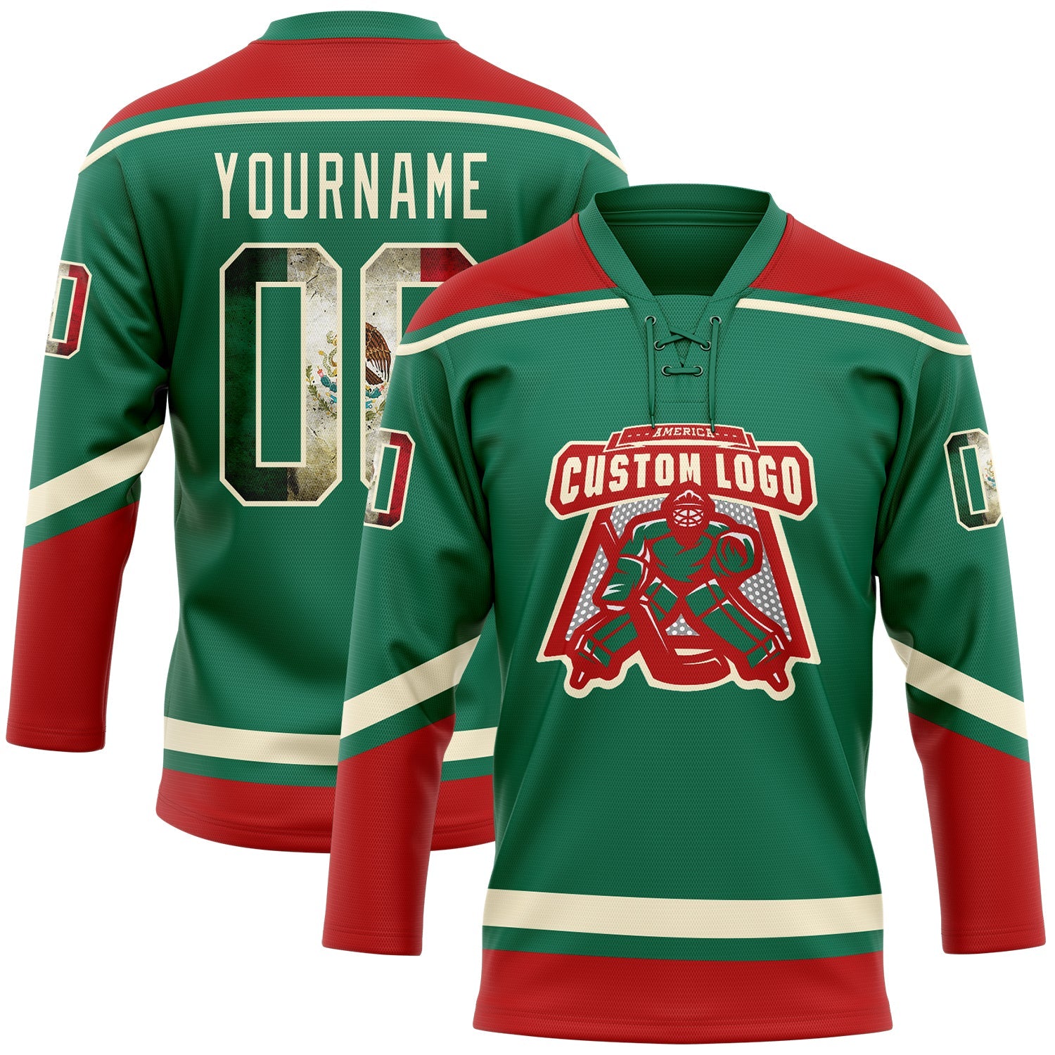 Custom Kelly Green Vintage Mexican Flag Cream-Red Hockey Lace Neck Jersey view 2