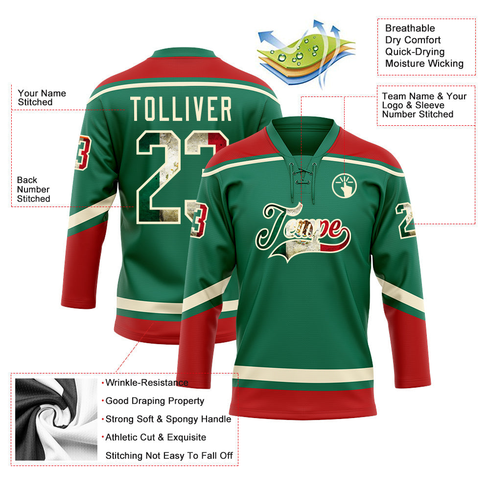Custom Kelly Green Vintage Mexican Flag Cream-Red Hockey Lace Neck Jersey view 3