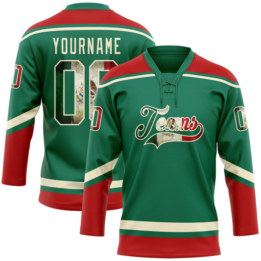 Custom Kelly Green Vintage Mexican Flag Cream-Red Hockey Lace Neck Jersey - Main View