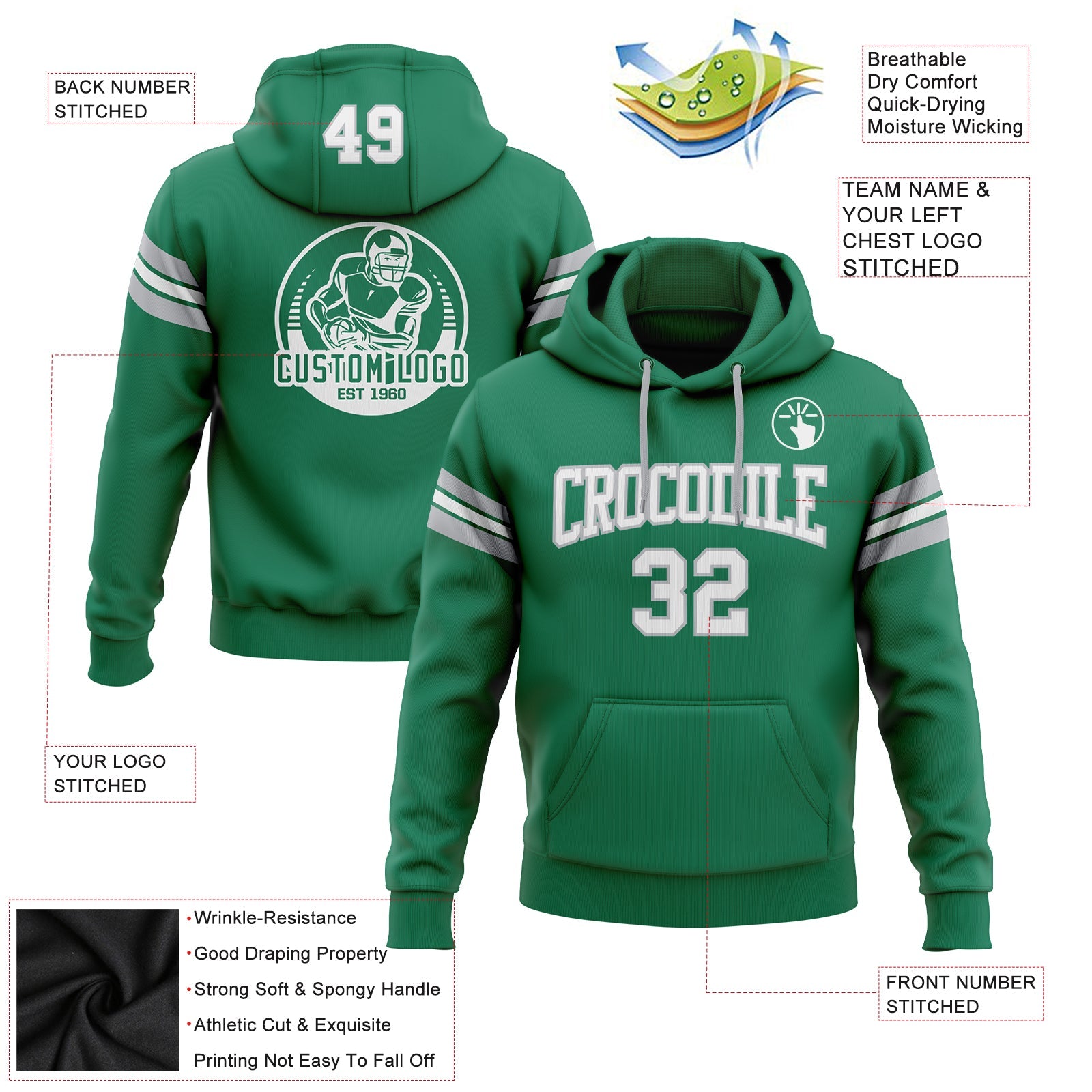 Custom Stitched Kelly Green White-Gray Football Pullover Sweatshirt Hoodie view 2