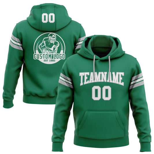 Custom Stitched Kelly Green White-Gray Football Pullover Sweatshirt Hoodie - Main View