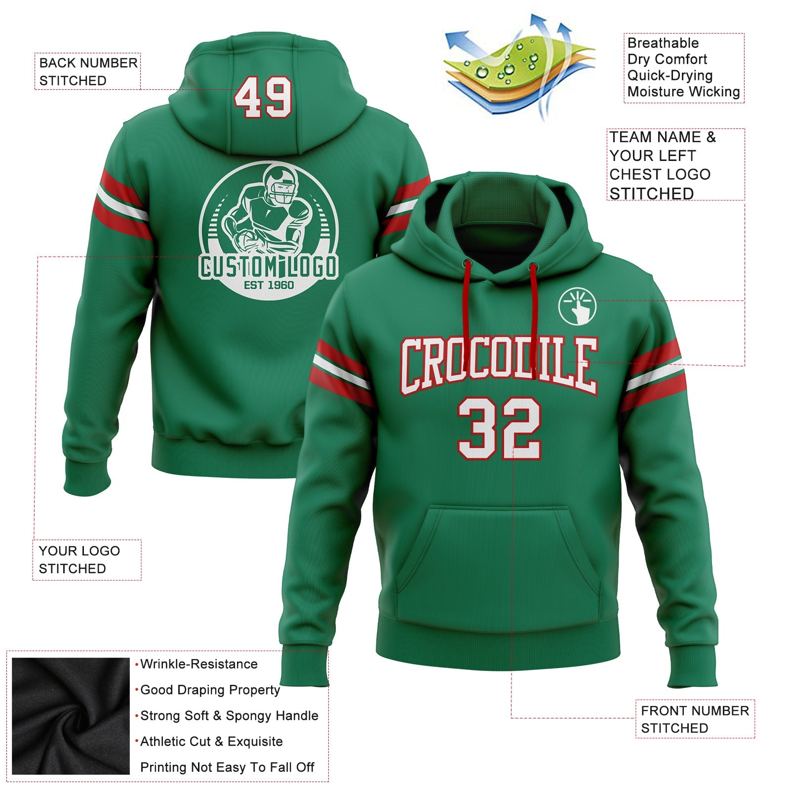 Custom Stitched Kelly Green White-Red Football Pullover Sweatshirt Hoodie view 2