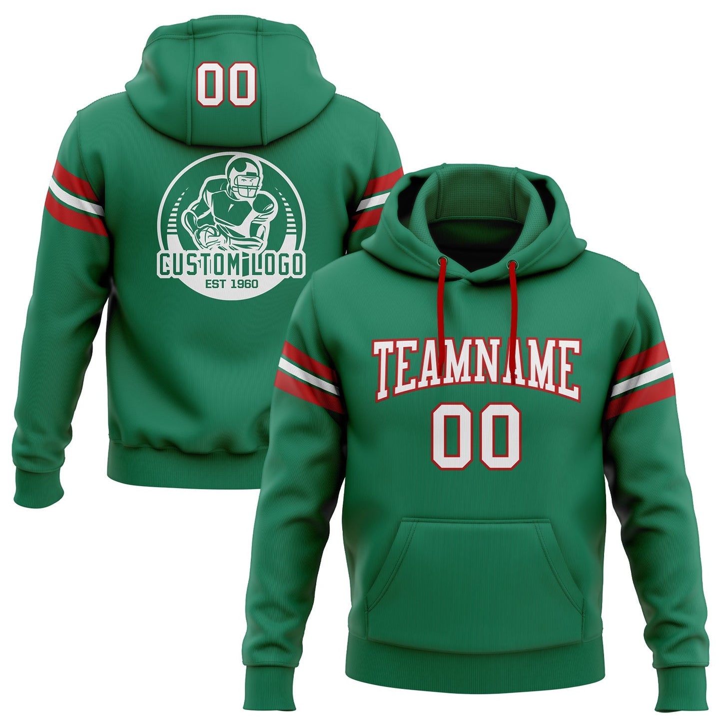 Custom Stitched Kelly Green White-Red Football Pullover Sweatshirt Hoodie - Main View