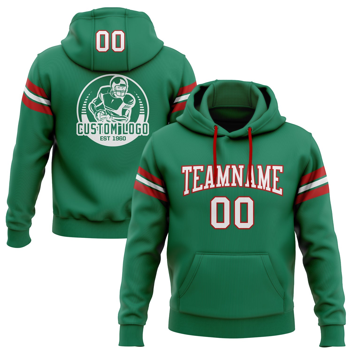 Custom Stitched Kelly Green White-Red Football Pullover Sweatshirt Hoodie - Main View