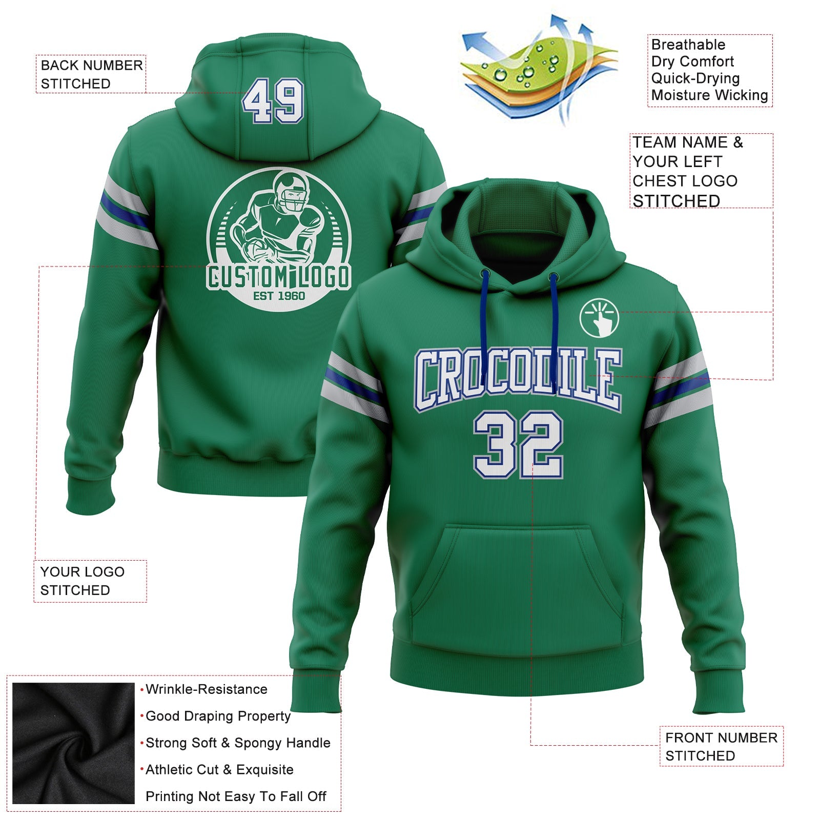 Custom Stitched Kelly Green White Royal-Gray Football Pullover Sweatshirt Hoodie view 2