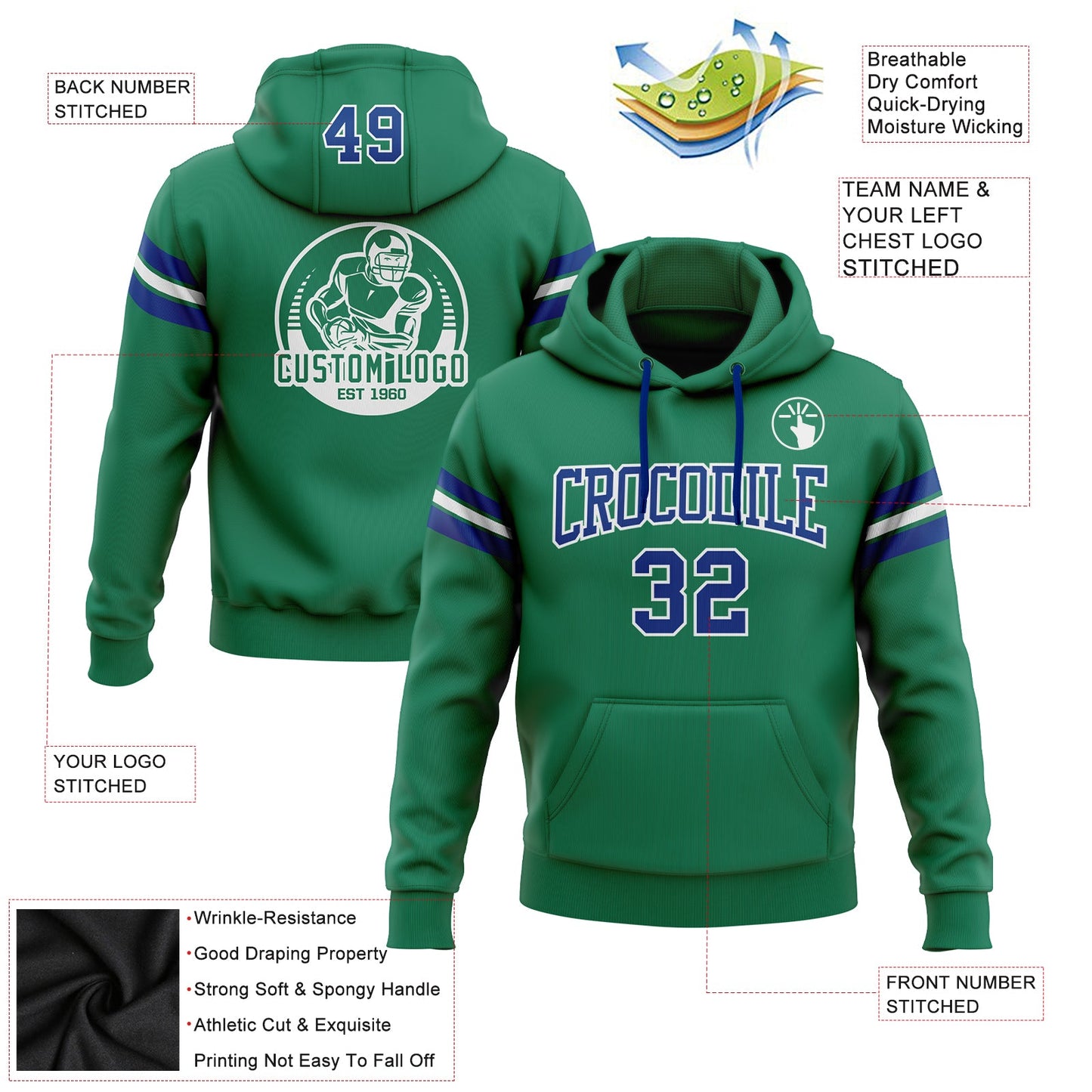 Custom Stitched Kelly Green Royal-White Football Pullover Sweatshirt Hoodie view 2
