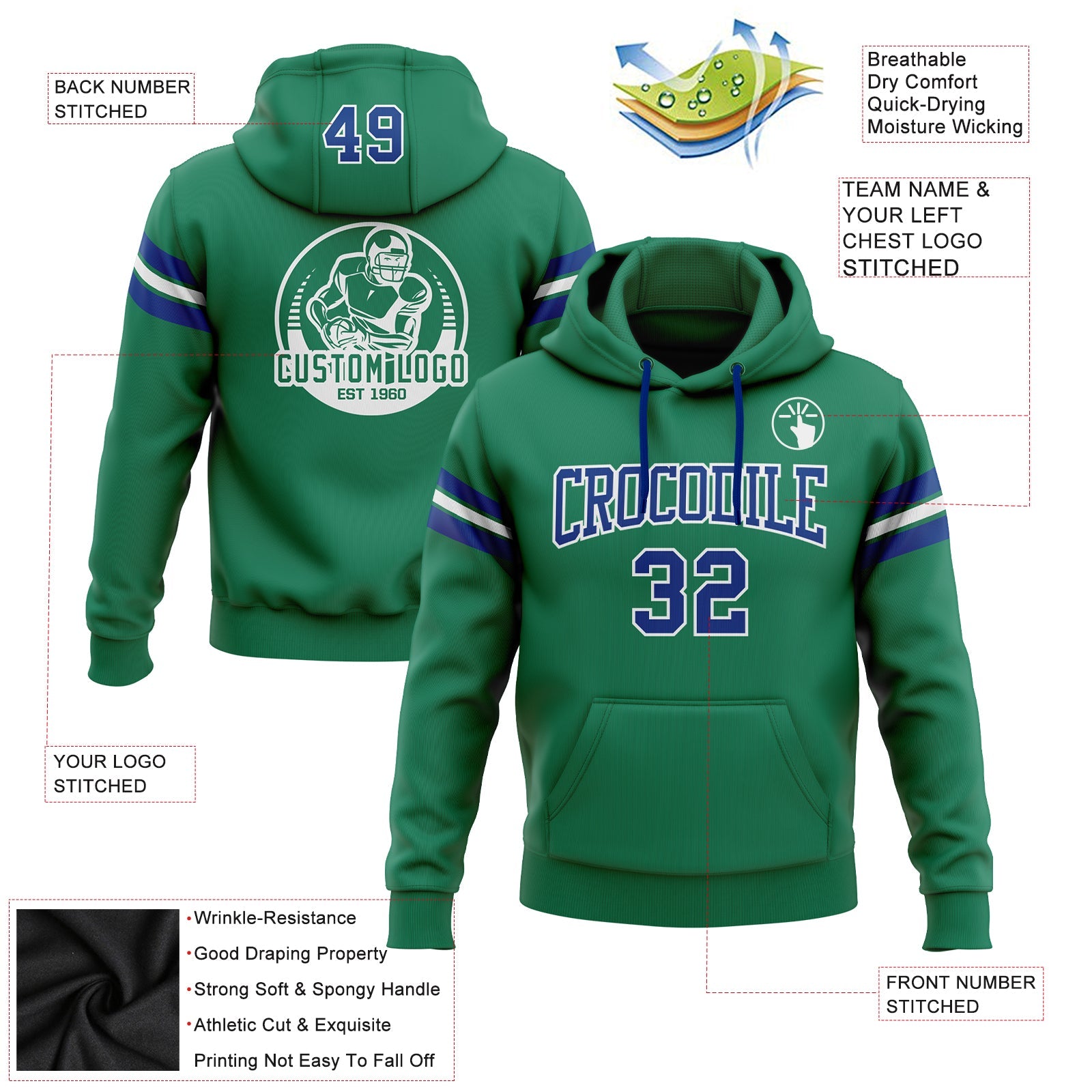 Custom Stitched Kelly Green Royal-White Football Pullover Sweatshirt Hoodie view 2