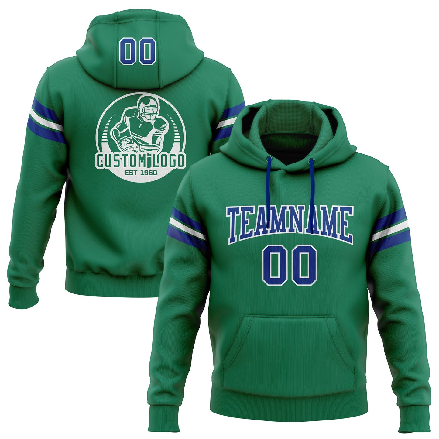 Custom Stitched Kelly Green Royal-White Football Pullover Sweatshirt Hoodie - Main View