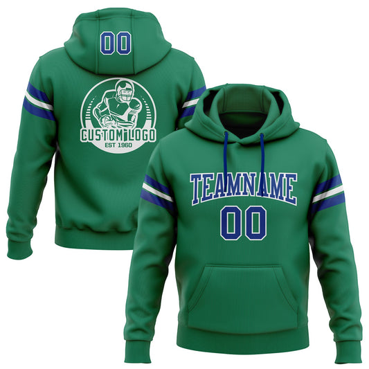 Custom Stitched Kelly Green Royal-White Football Pullover Sweatshirt Hoodie - Main View