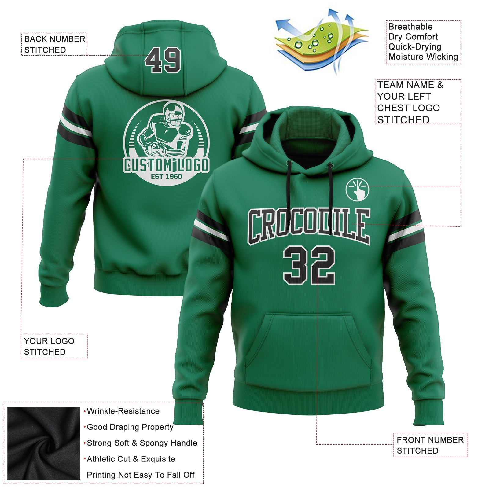 Custom Stitched Kelly Green Black-White Football Pullover Sweatshirt Hoodie view 2