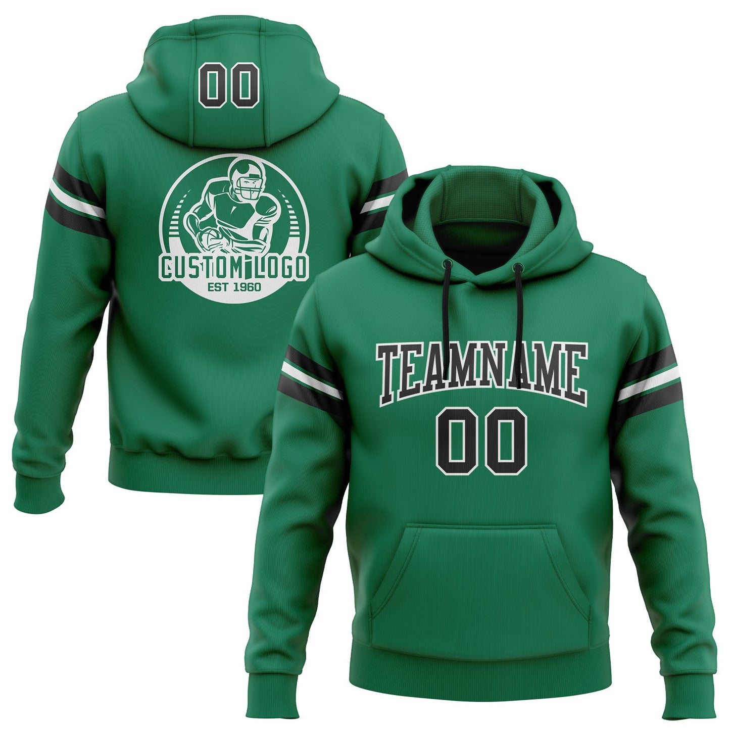 Custom Stitched Kelly Green Black-White Football Pullover Sweatshirt Hoodie - Main View