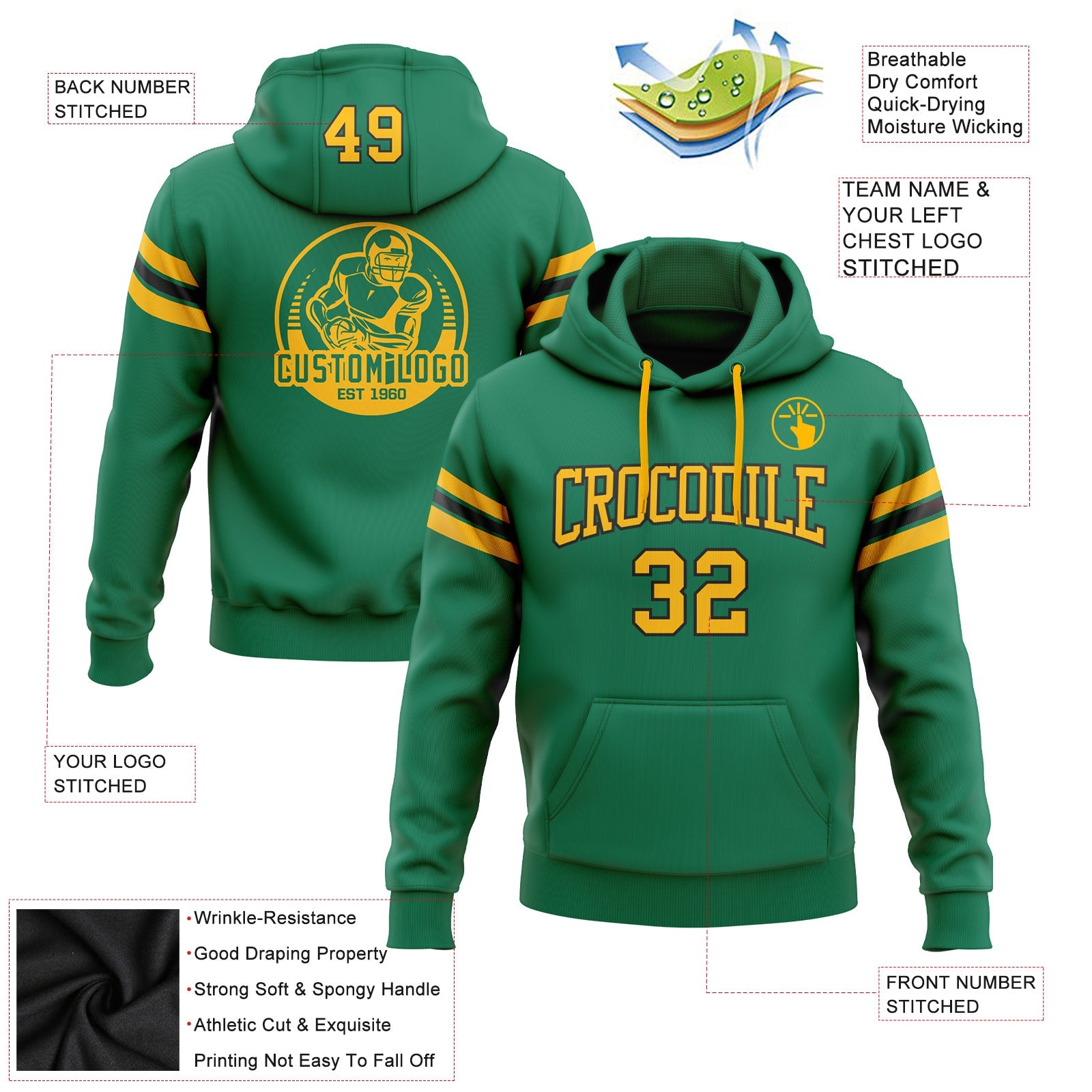 Custom Stitched Kelly Green Gold-White Football Pullover Sweatshirt Hoodie view 2