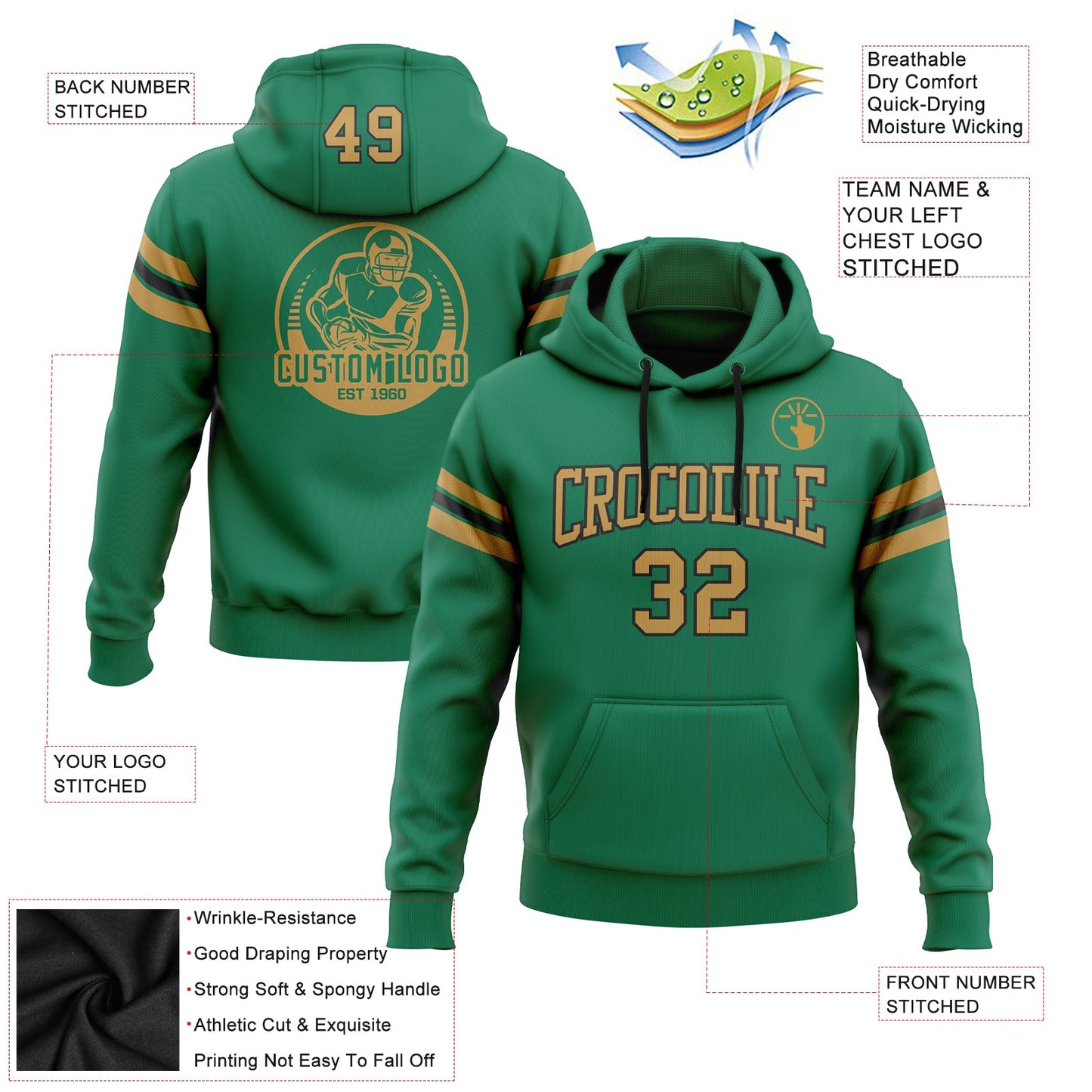 Custom Stitched Kelly Green Old Gold-Black Football Pullover Sweatshirt Hoodie view 2