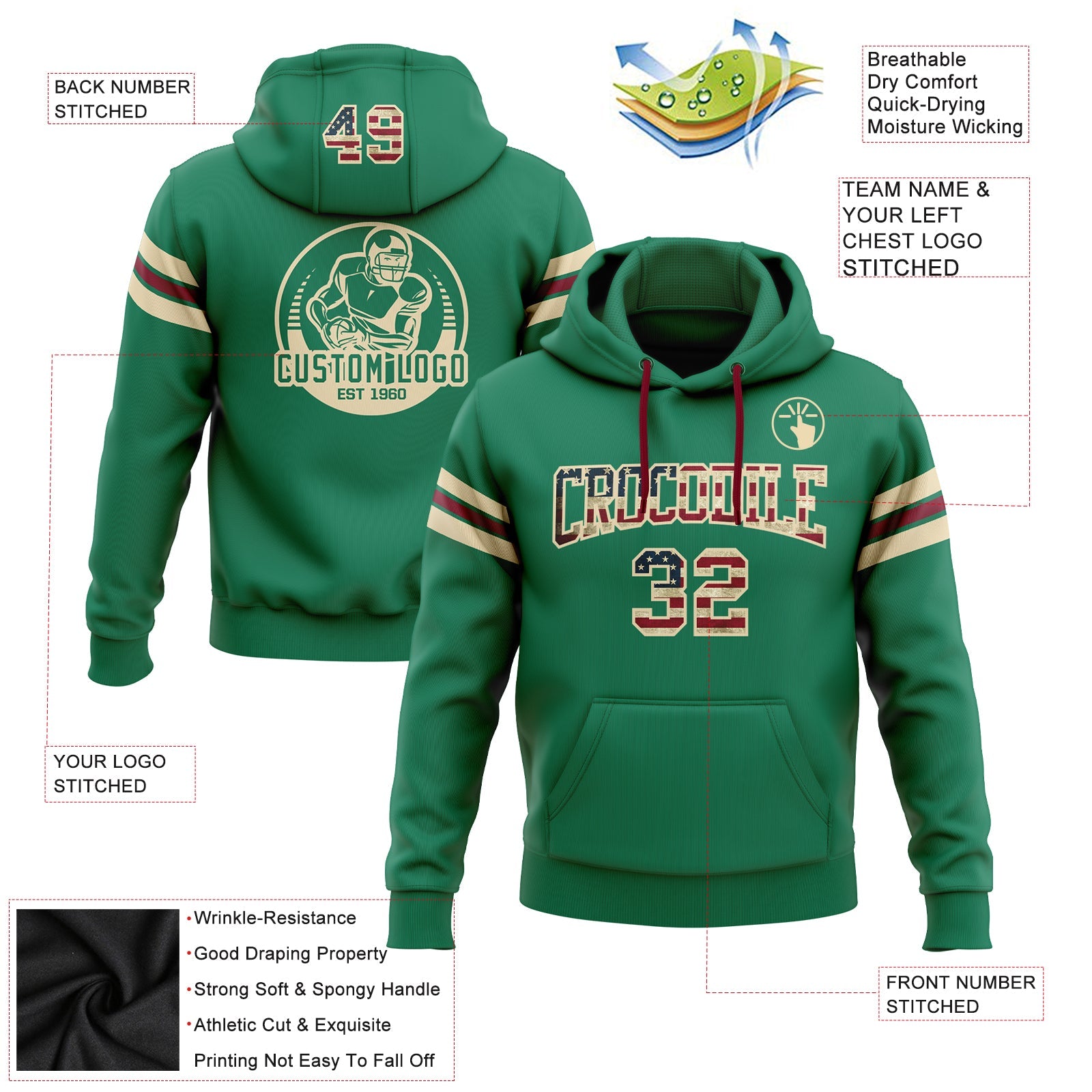 Custom Stitched Kelly Green Vintage USA Flag City Cream-Crimson Football Pullover Sweatshirt Hoodie view 2