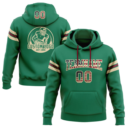 Custom Stitched Kelly Green Vintage USA Flag City Cream-Crimson Football Pullover Sweatshirt Hoodie - Main View