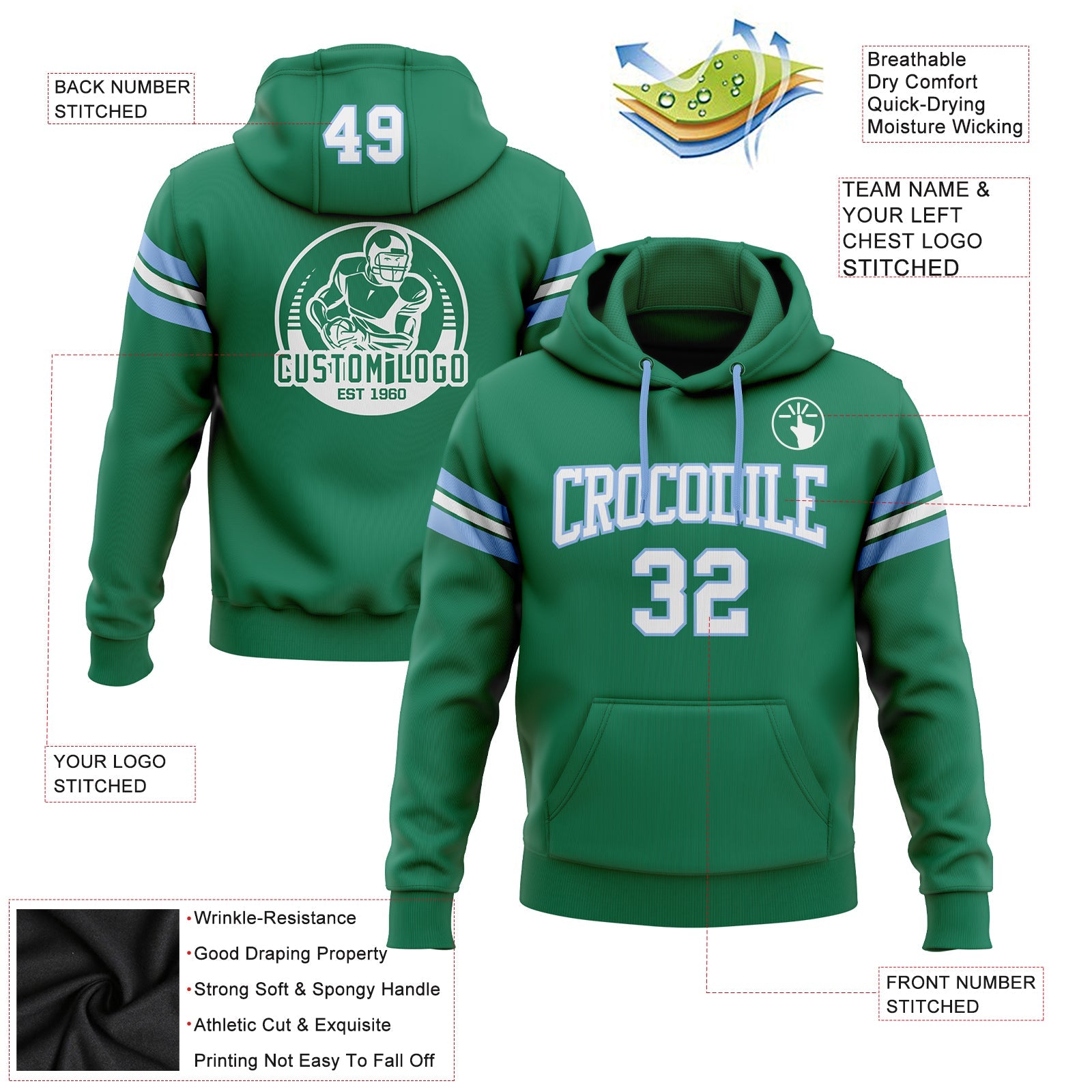 Custom Stitched Kelly Green White-Light Blue Football Pullover Sweatshirt Hoodie view 2