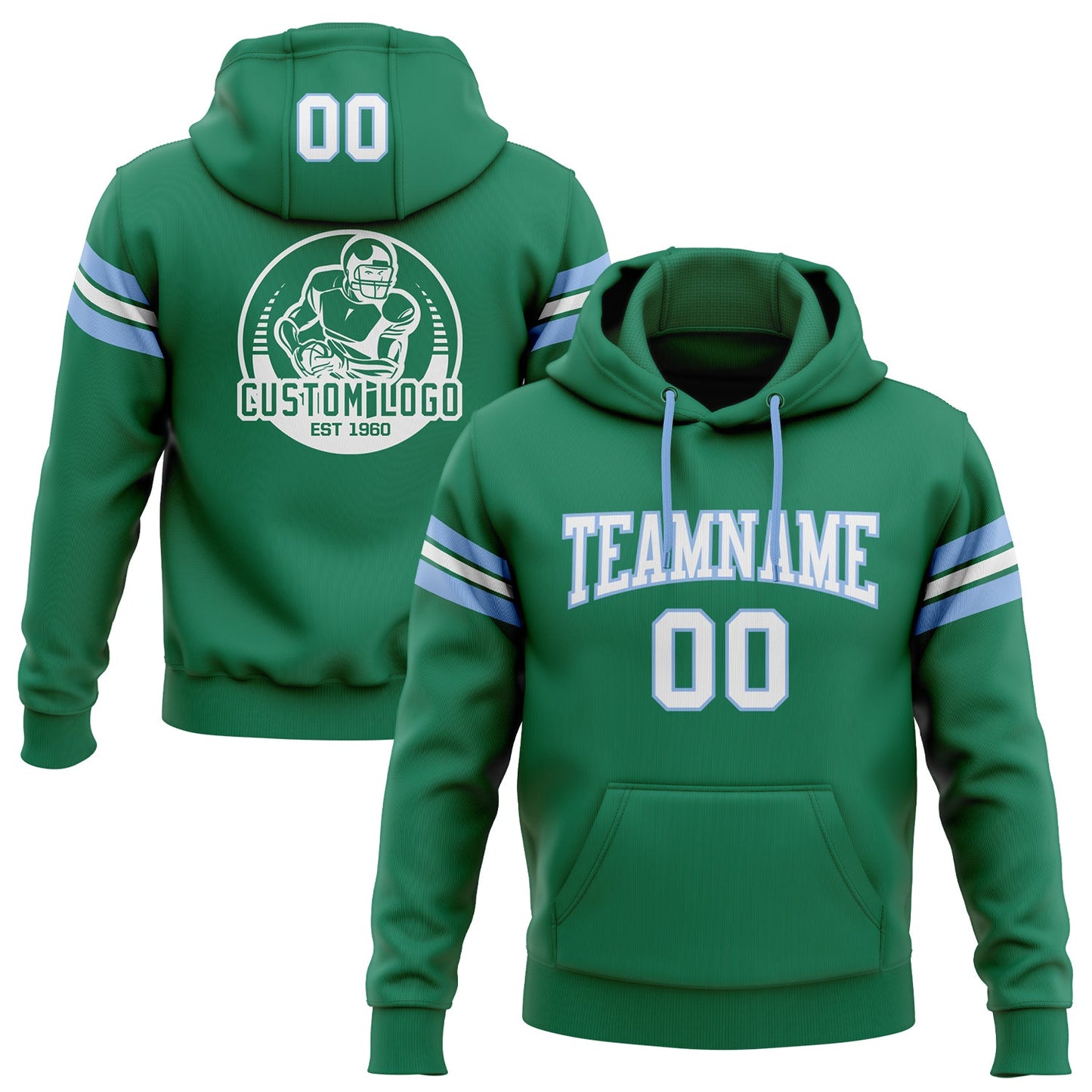 Custom Stitched Kelly Green White-Light Blue Football Pullover Sweatshirt Hoodie - Main View