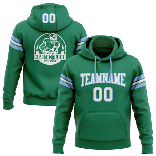 Custom Stitched Kelly Green White-Light Blue Football Pullover Sweatshirt Hoodie - Main View