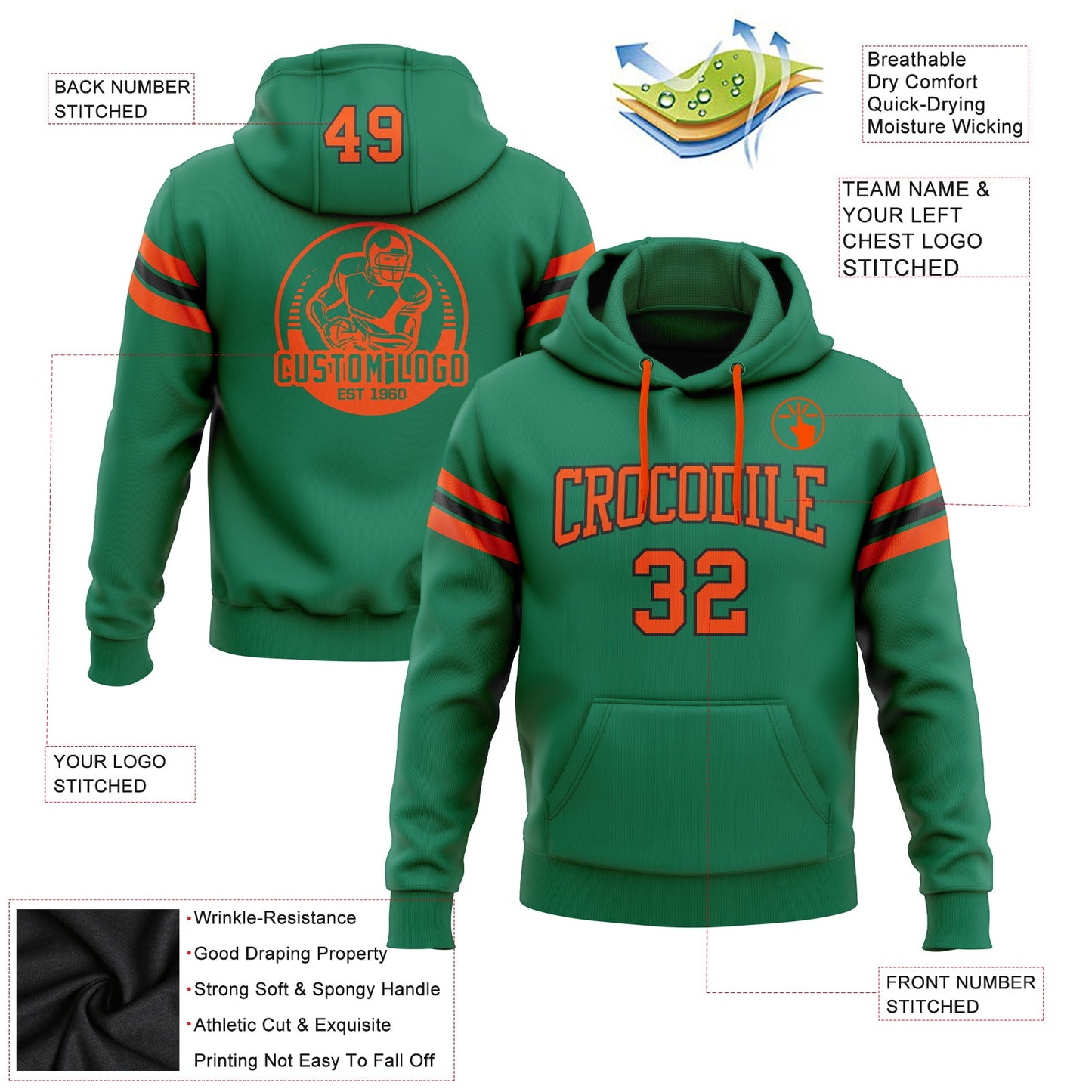 Custom Stitched Kelly Green Orange-Black Football Pullover Sweatshirt Hoodie view 2