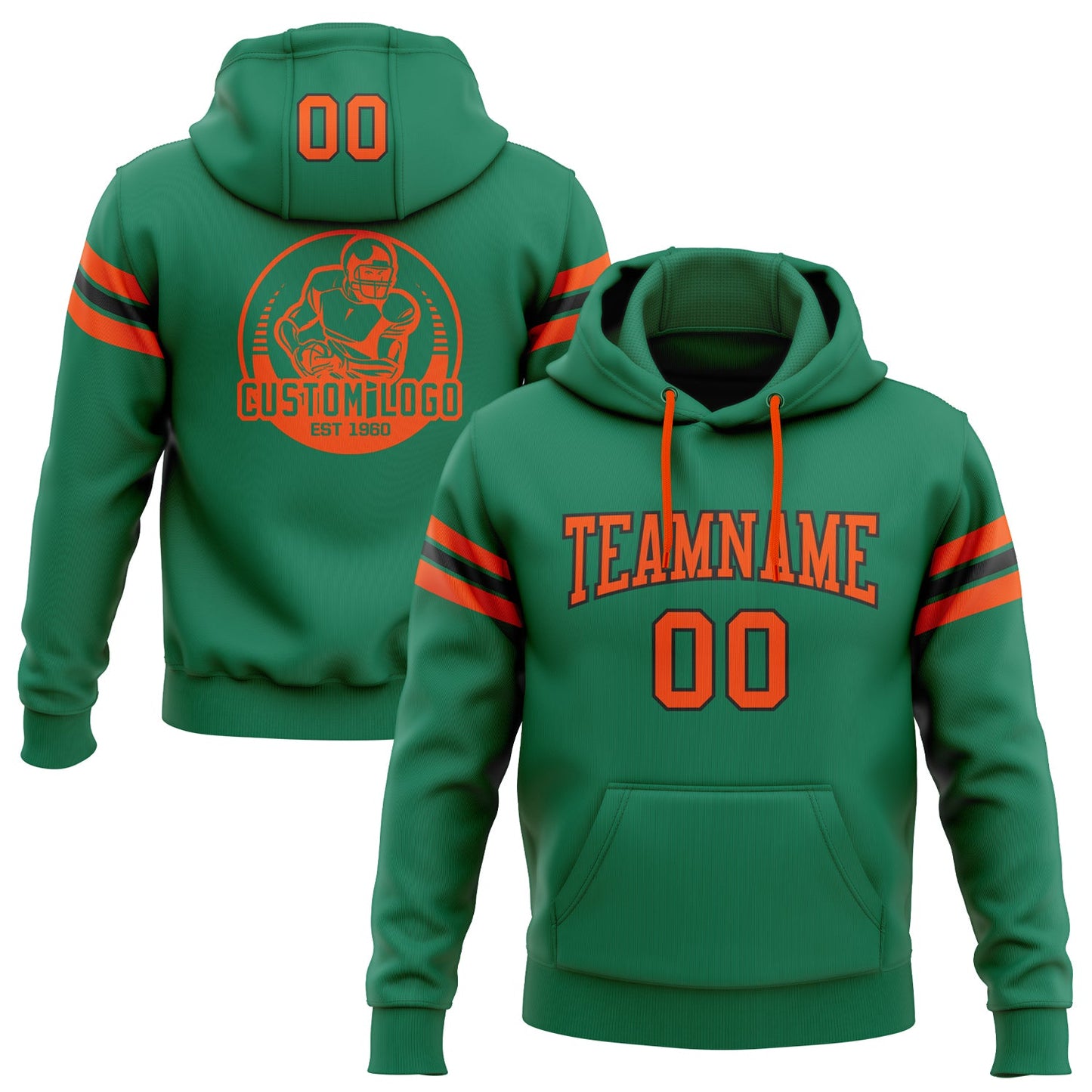 Custom Stitched Kelly Green Orange-Black Football Pullover Sweatshirt Hoodie - Main View