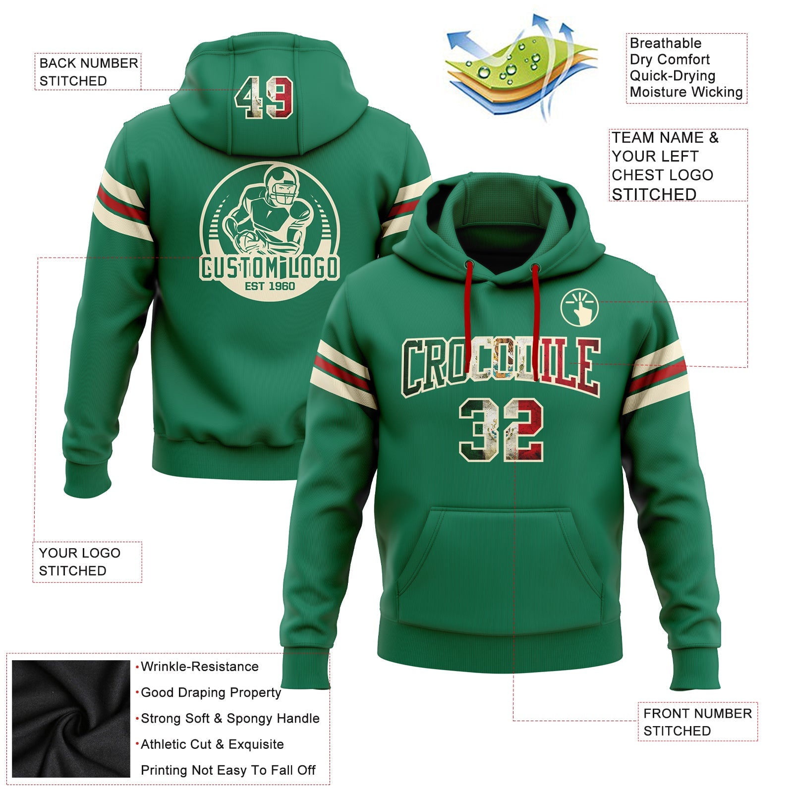 Custom Stitched Kelly Green Vintage Mexican Flag Cream-Red Football Pullover Sweatshirt Hoodie view 2