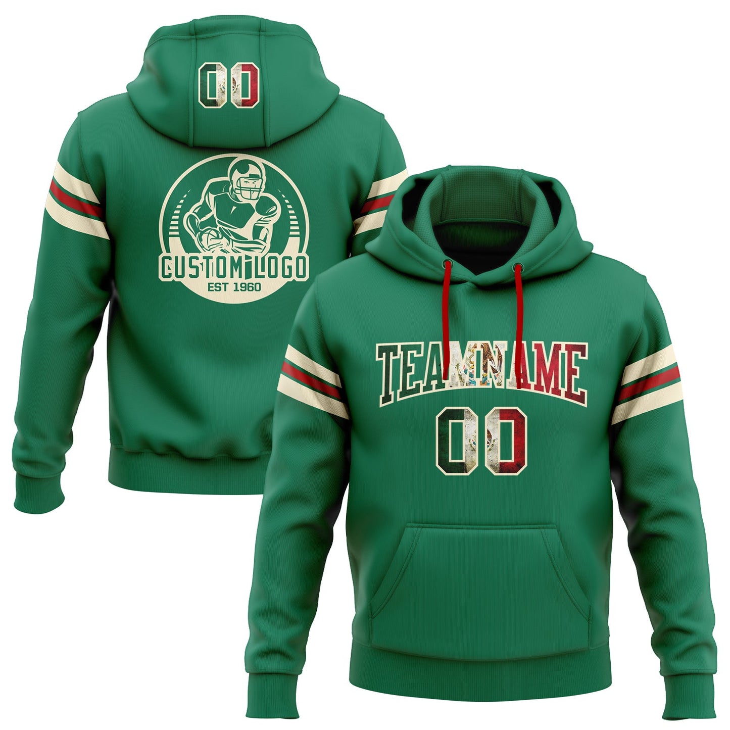 Custom Stitched Kelly Green Vintage Mexican Flag Cream-Red Football Pullover Sweatshirt Hoodie - Main View
