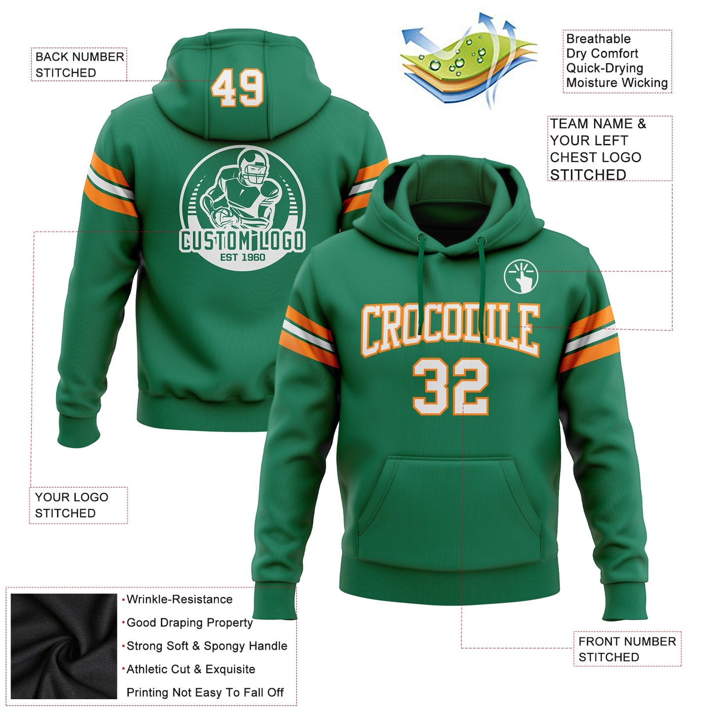 Custom Stitched Kelly Green White-Bay Orange Football Pullover Sweatshirt Hoodie view 2