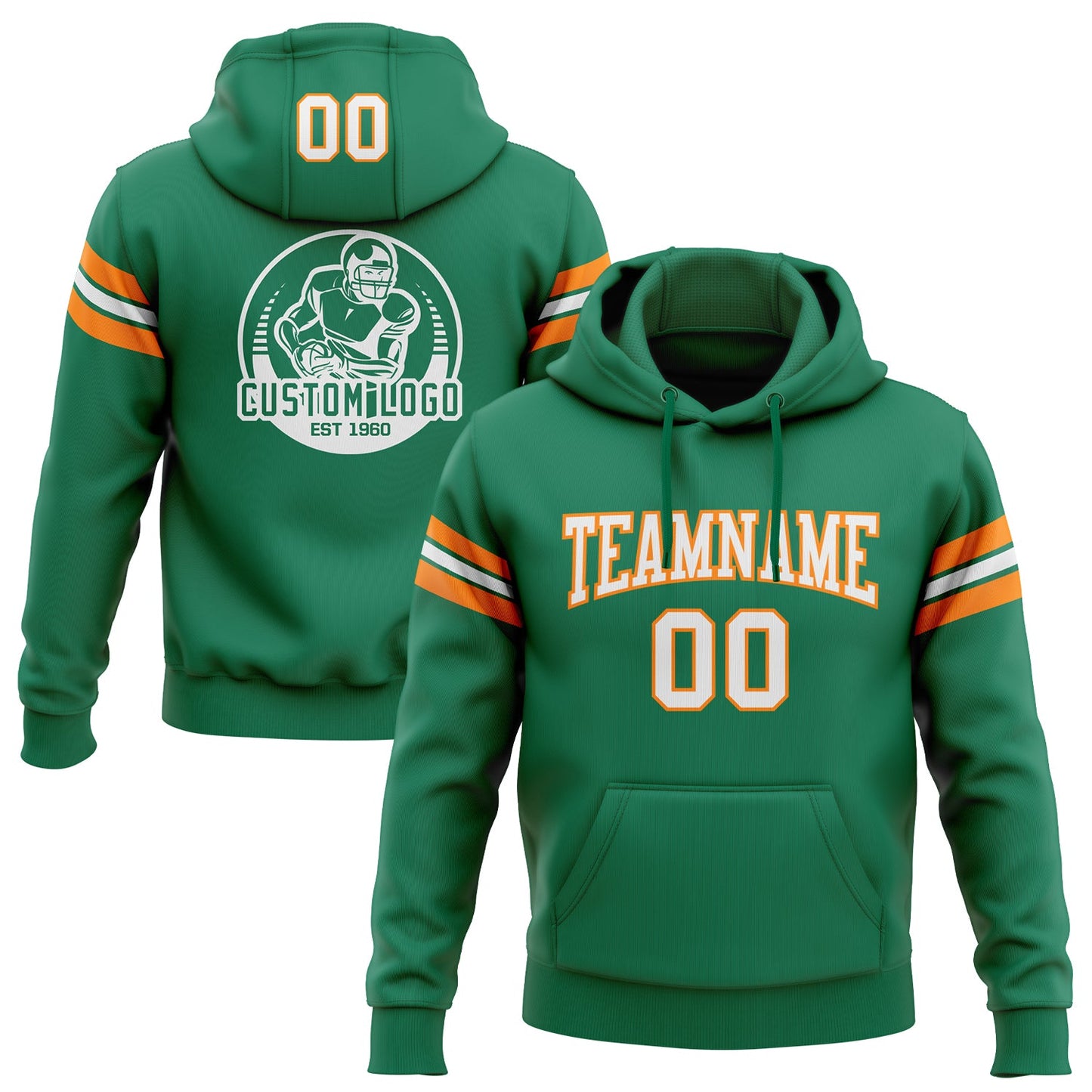 Custom Stitched Kelly Green White-Bay Orange Football Pullover Sweatshirt Hoodie - Main View