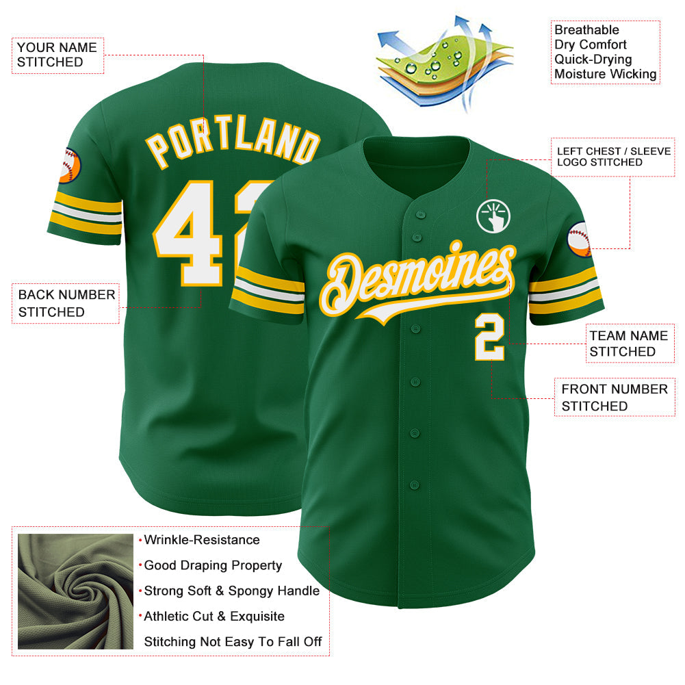 Custom Kelly Green White-Gold Authentic Baseball Jersey view 3
